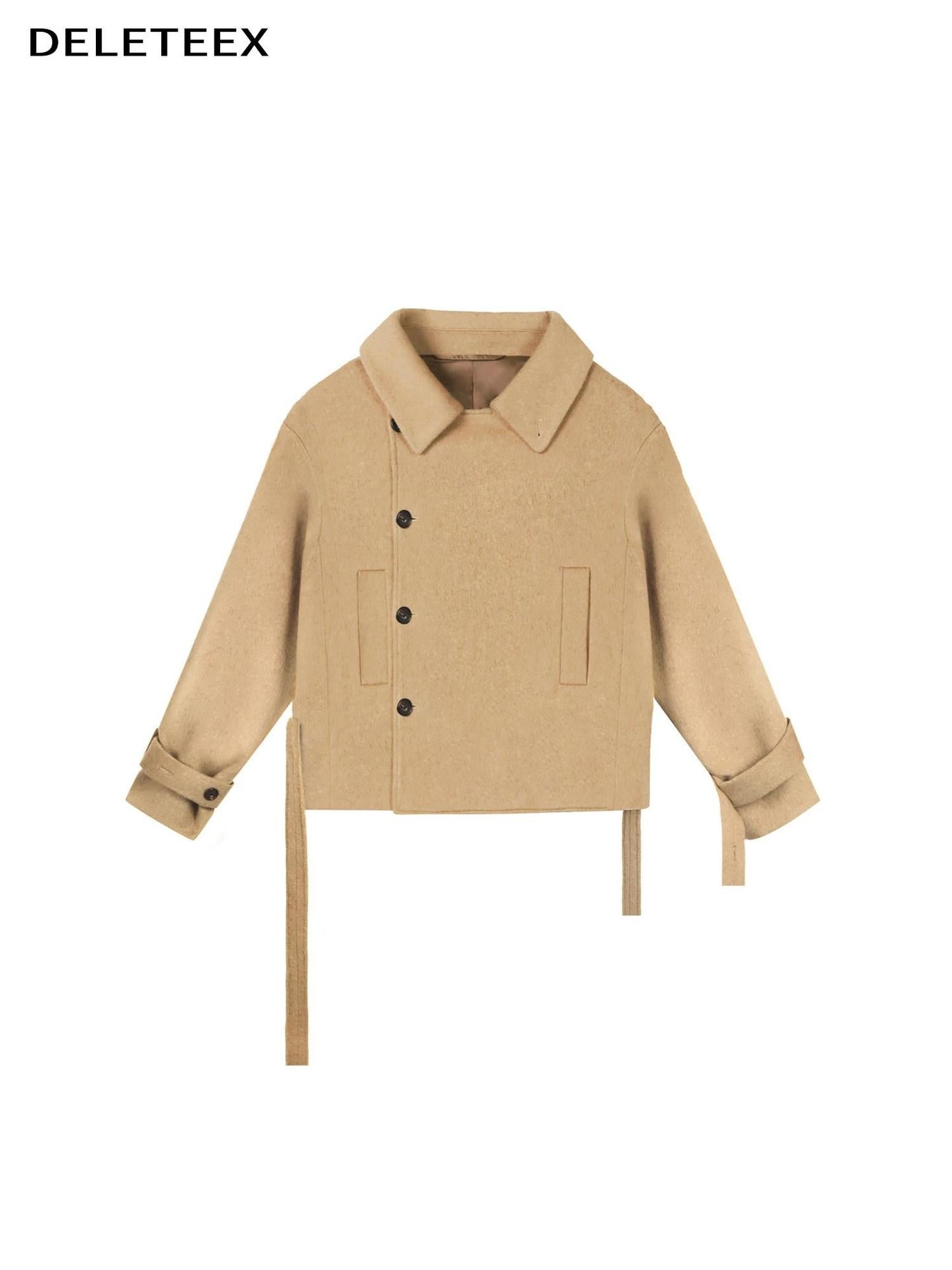 DeleteEx Thick Half Wool Blend American Cropped Lapel Young Women Khaki Wool Coats