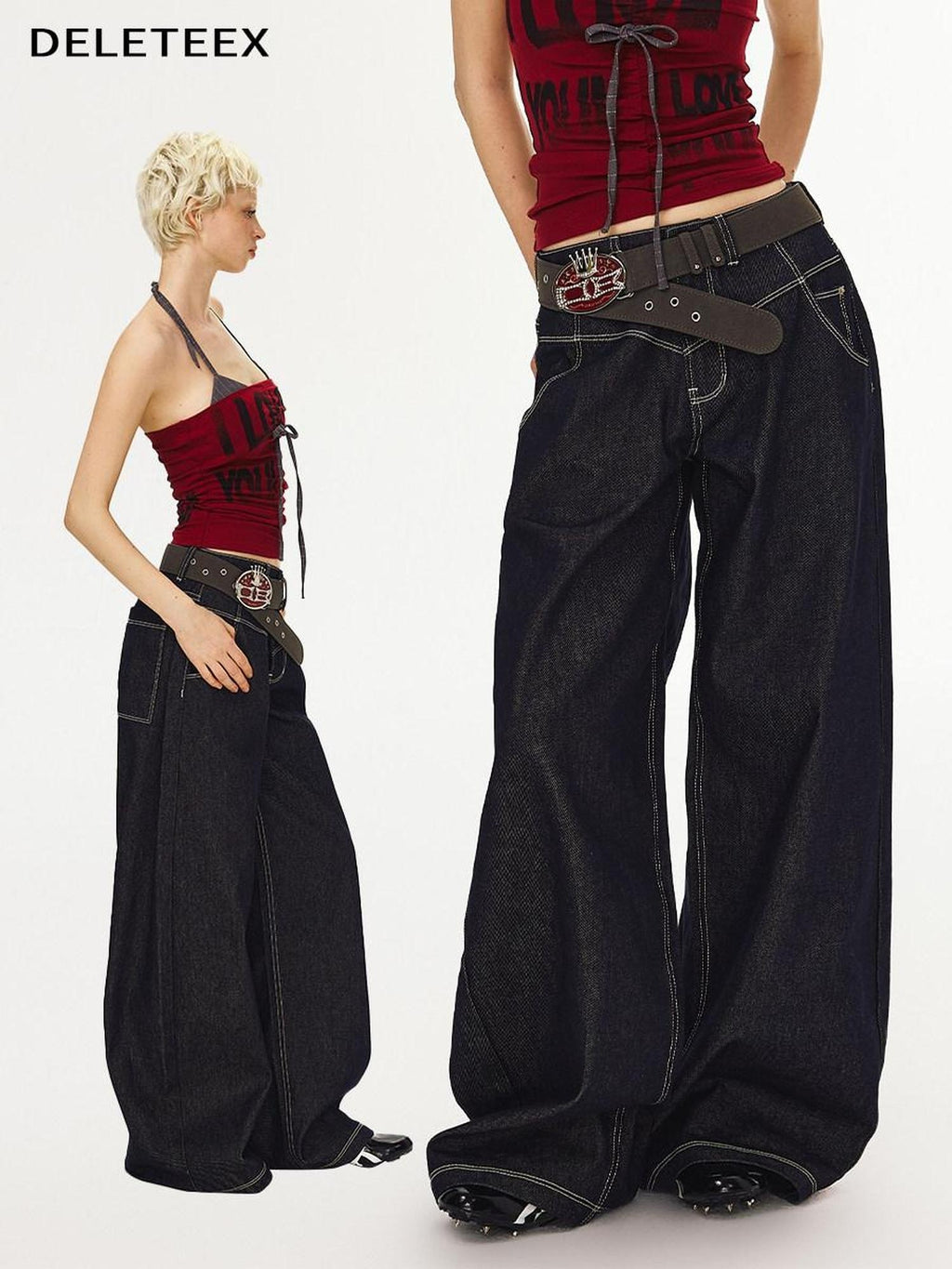 DeleteEx Dark Indigo Original Denim Relaxed Natural Waist Loose Casual Wide Leg Jeans