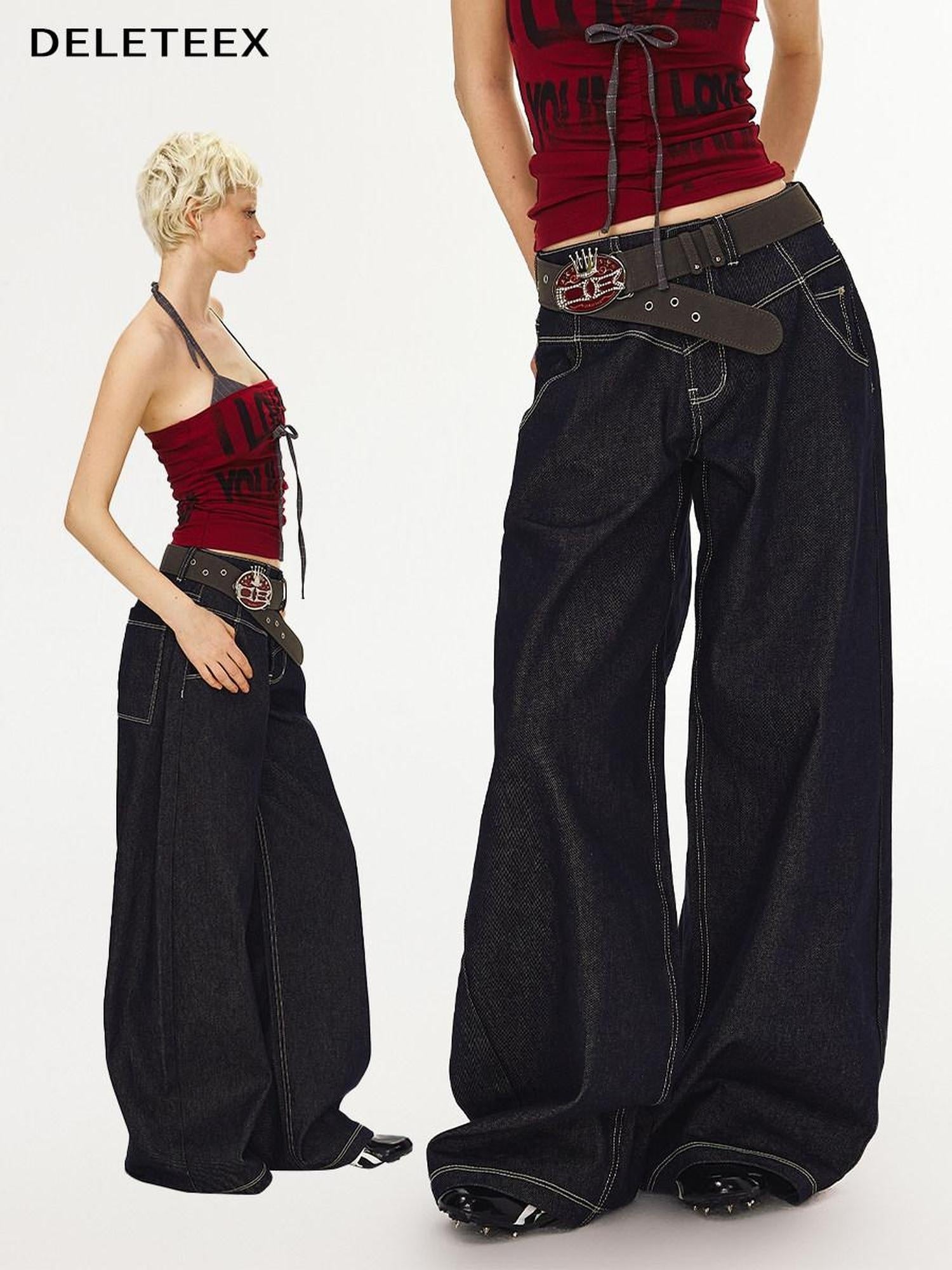 DeleteEx Dark Indigo Original Denim Relaxed Natural Waist Loose Casual Wide Leg Jeans