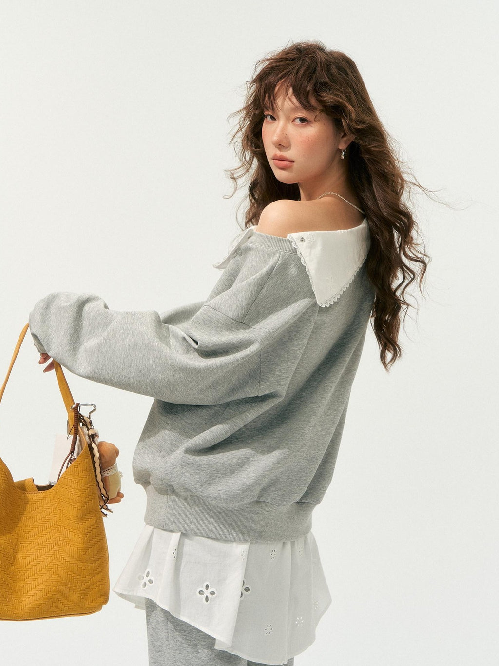 SOMESOWE Patchwork Cropped Oversized Collared Sweatshirt Heather Grey Top & Pants Sets