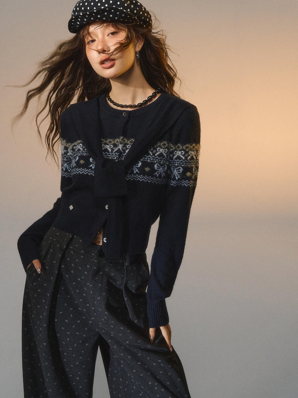 SOMESOWE Minimal Commuter V-neck Button Bow Detail Layered Look Women Navy Knit Cardigans