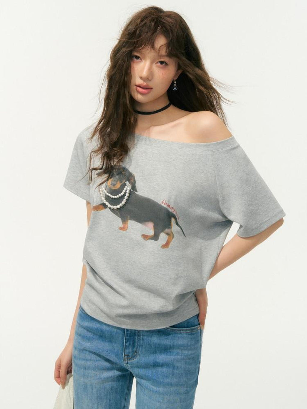 SOMESOWE Stretch Cotton Oversized Asymmetric Neck Animal Embroidered Short Sleeve T-Shirts