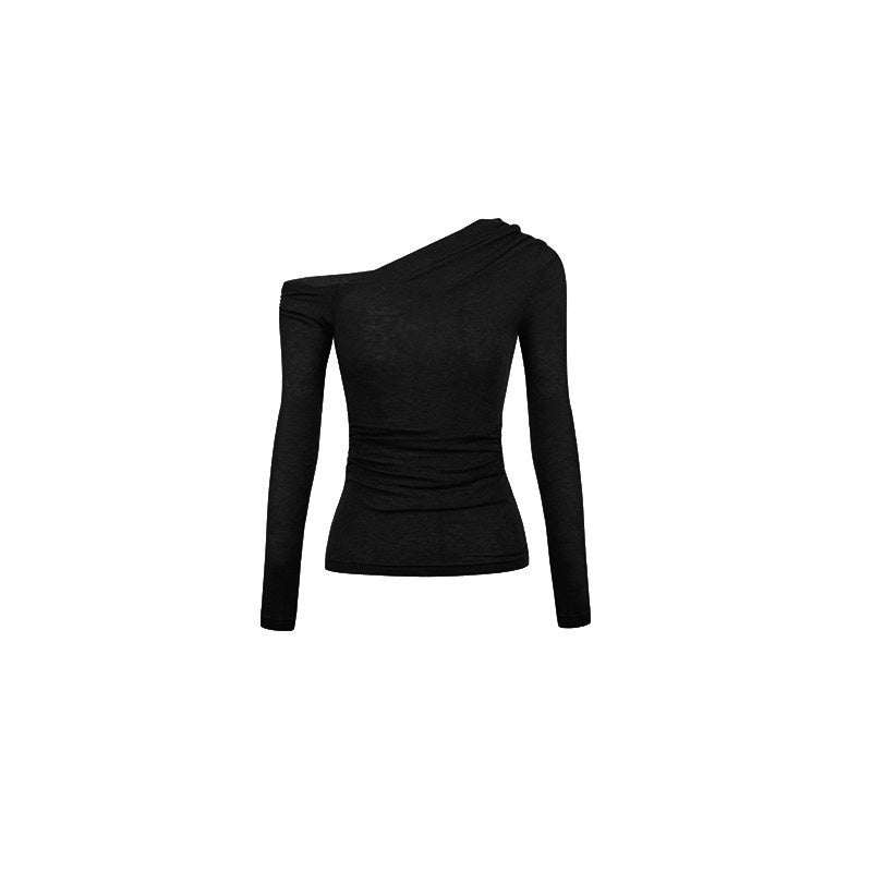 DeleteEx_Office_Chic_Fitted_Long_Sleeve_Asymmetric_Neckline_Off_Shoulder_Crop_Tops_MISSTT