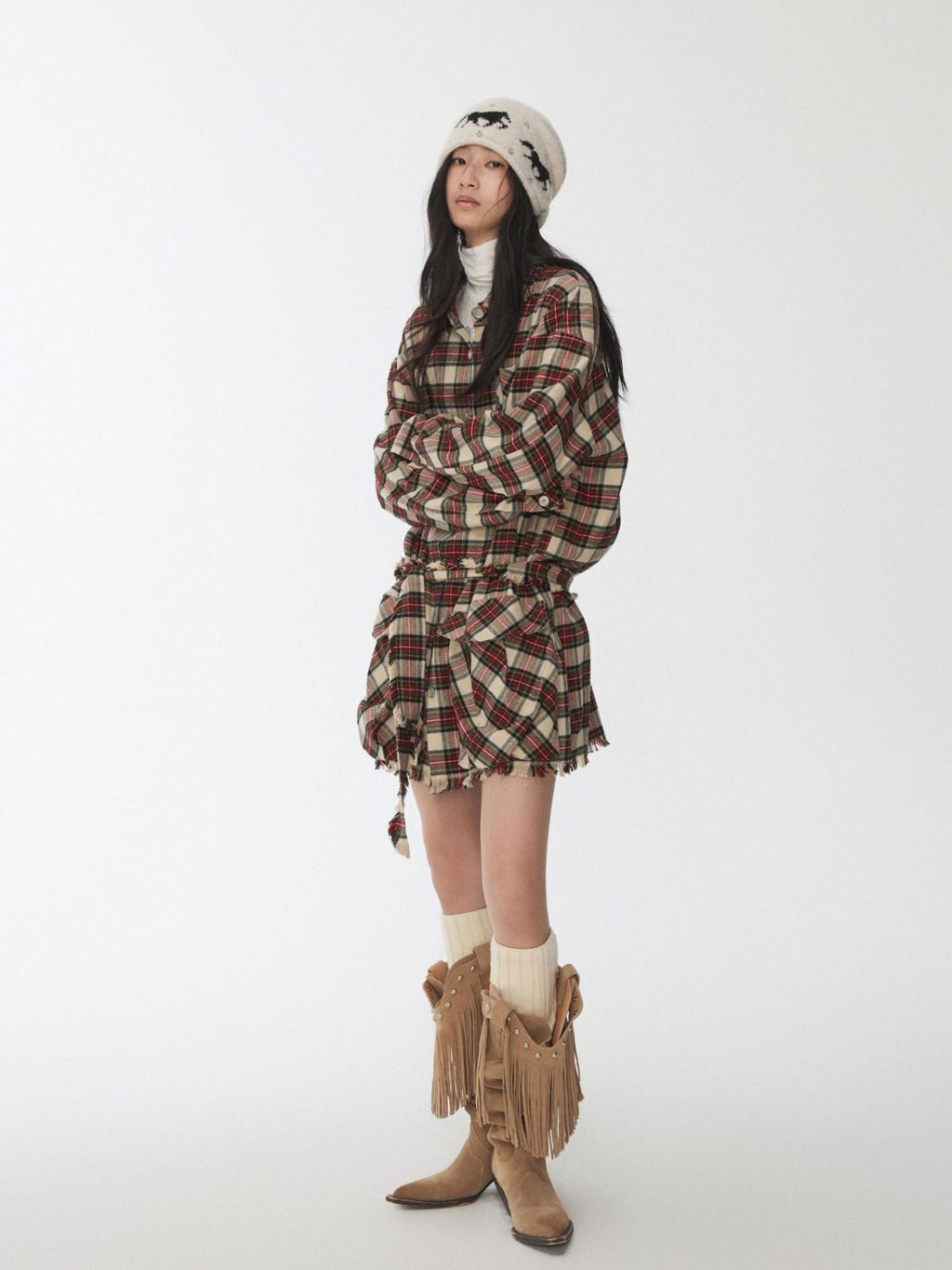1JINN STUDIO Cotton Plaid Workwear Loose Straight Fit Long Sleeve Casual Women Mini Dresses