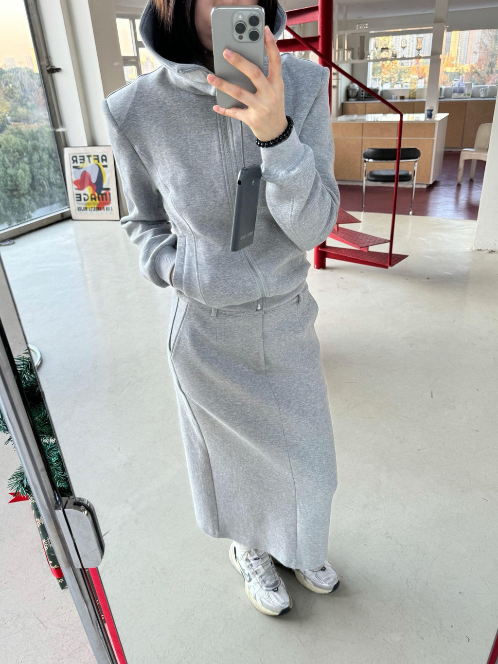 BUZHOU Zip Stand Collar Long Sleeve Stretch Cotton Commuter Grey Women Top & Skirt Sets