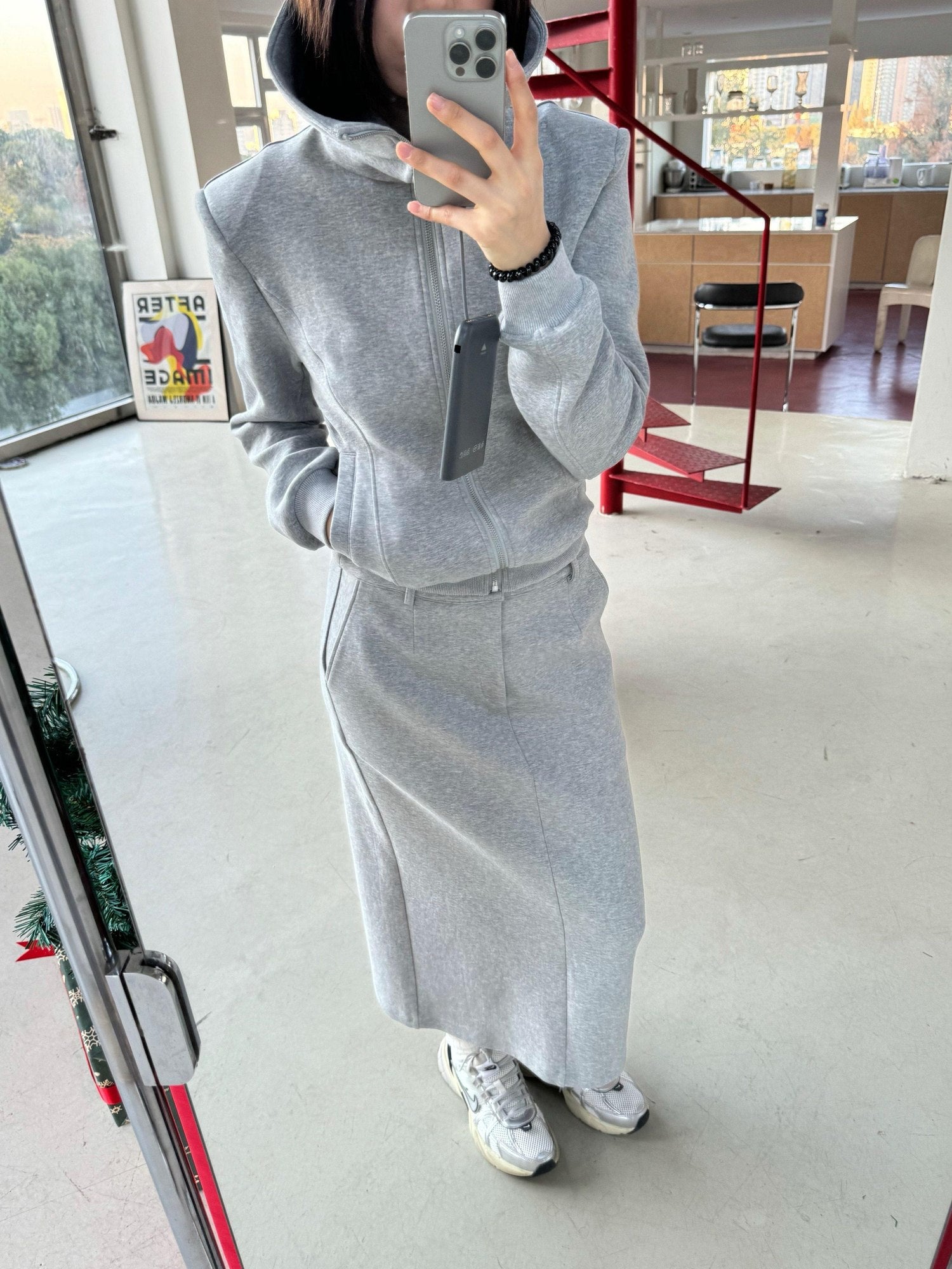 BUZHOU Zip Stand Collar Long Sleeve Stretch Cotton Commuter Grey Women Top & Skirt Sets