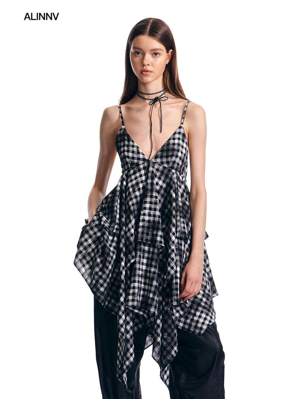 ALINNVSTUDIO Plaid Strappy Polyester Sweet Spicy Sleeveless Youth City Commute Midi Dresses