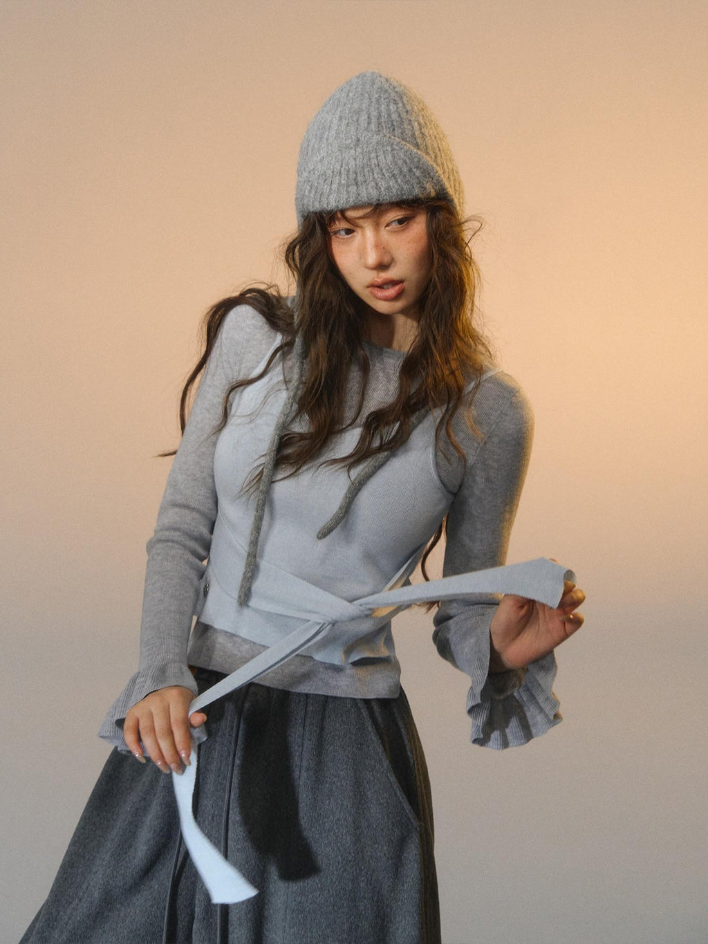SOMESOWE Soft Casual Colorblock Asymmetrical Tie Faux Layered Womens Knit Sweaters