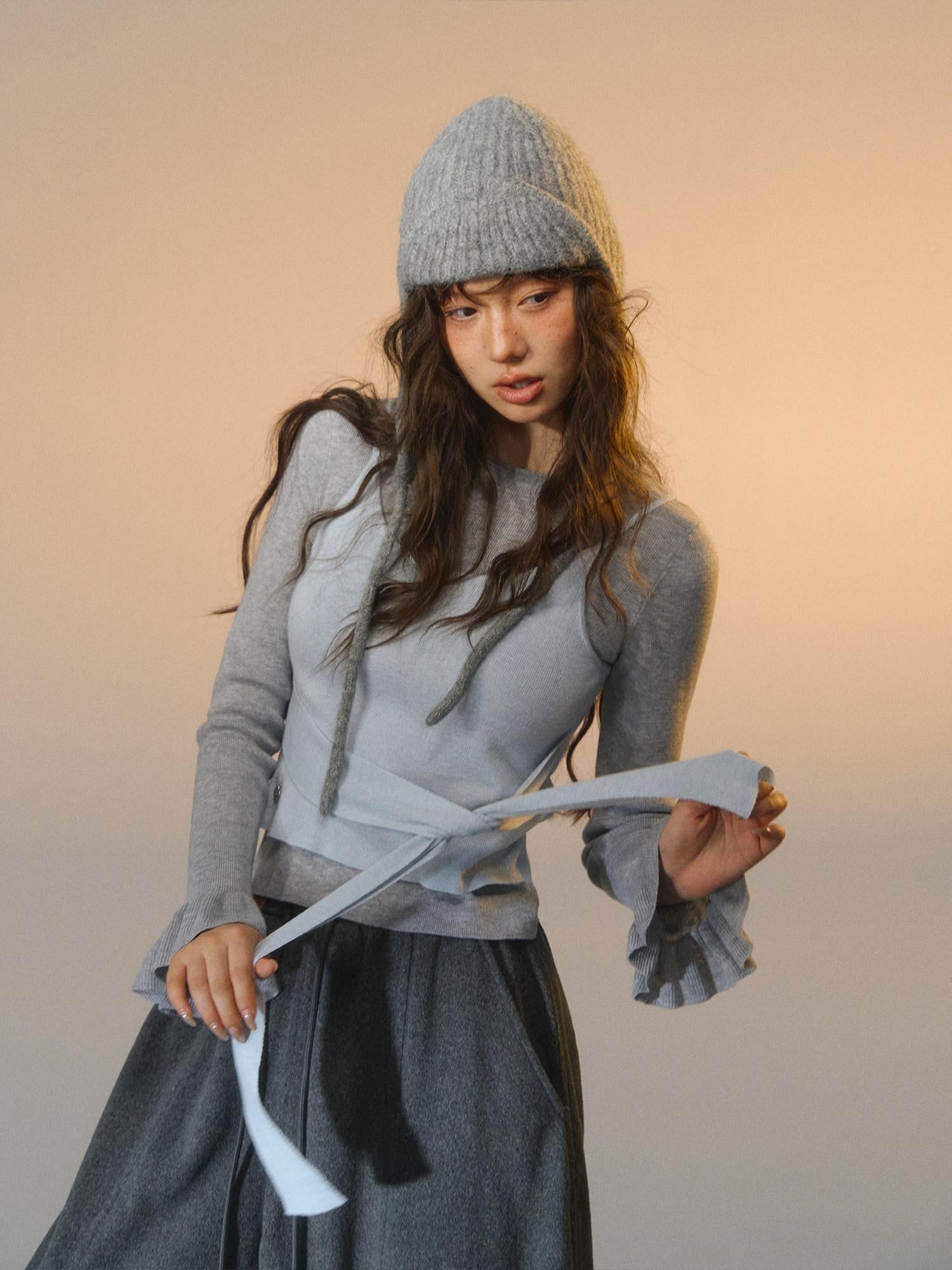 SOMESOWE Soft Casual Colorblock Asymmetrical Tie Faux Layered Womens Knit Sweaters