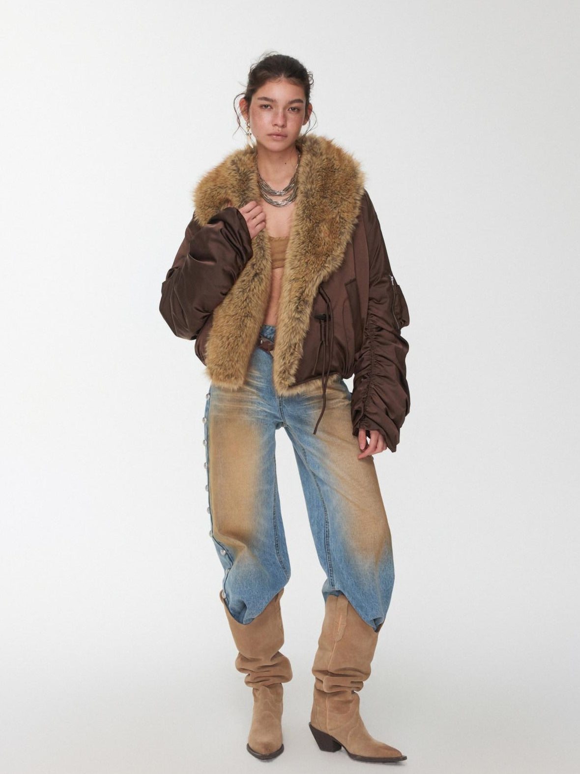 1JINN STUDIO Versatile Brown Utility Turn Down Collar Women Casual Outerwear Bomber Jackets