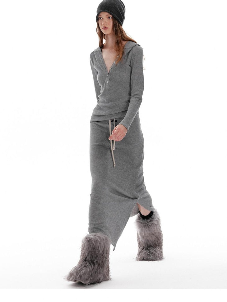 ALINNVSTUDIO Cozy Hooded Long Sleeve Button Front Curved Hem Youth Gray Top & Skirt Sets