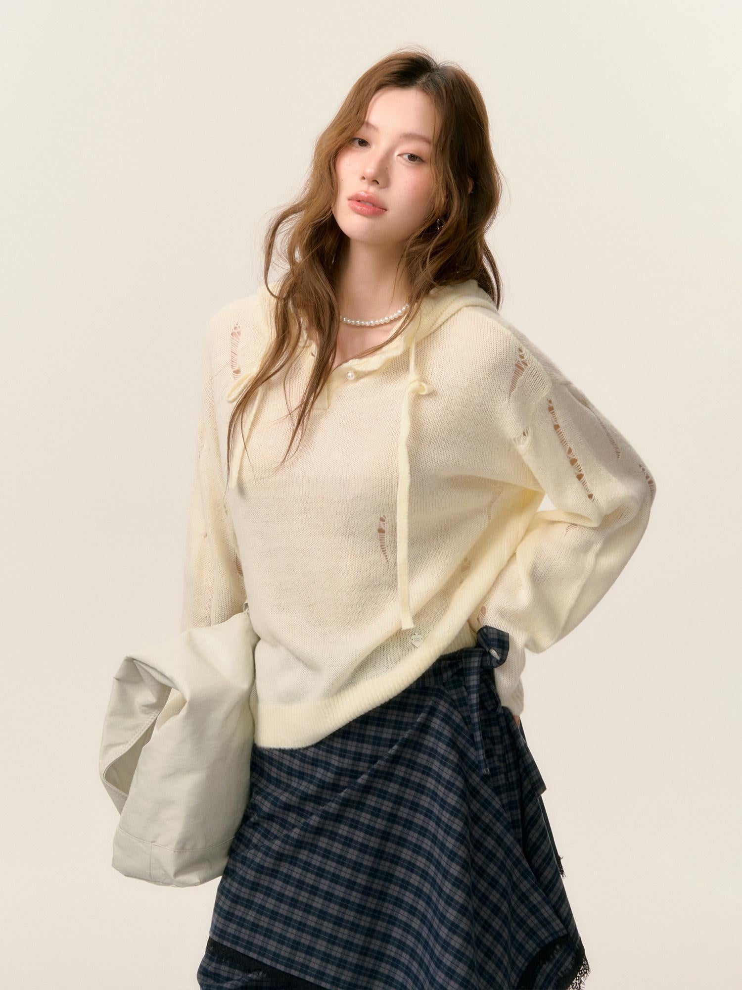 SOMESOWE Oversized Crochet Tie Street Loose Fit Women Grey Long Sleeve T-Shirts