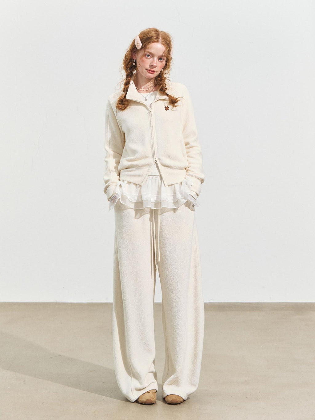 SOMESOWE Cropped Stand Collar Sweatshirt Loose Sexy Women Cream Pants Top & Pants Sets