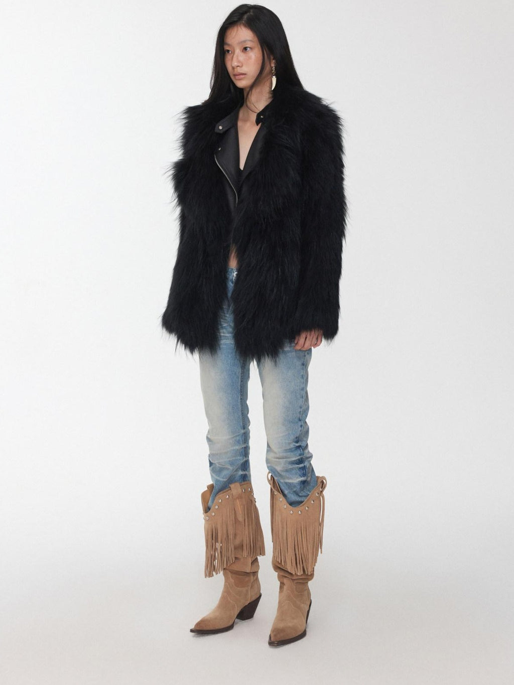 1JINN STUDIO Cozy Woven Cropped Cinched Waist Lapel Long Sleeve Young Women Faux Fur Coats