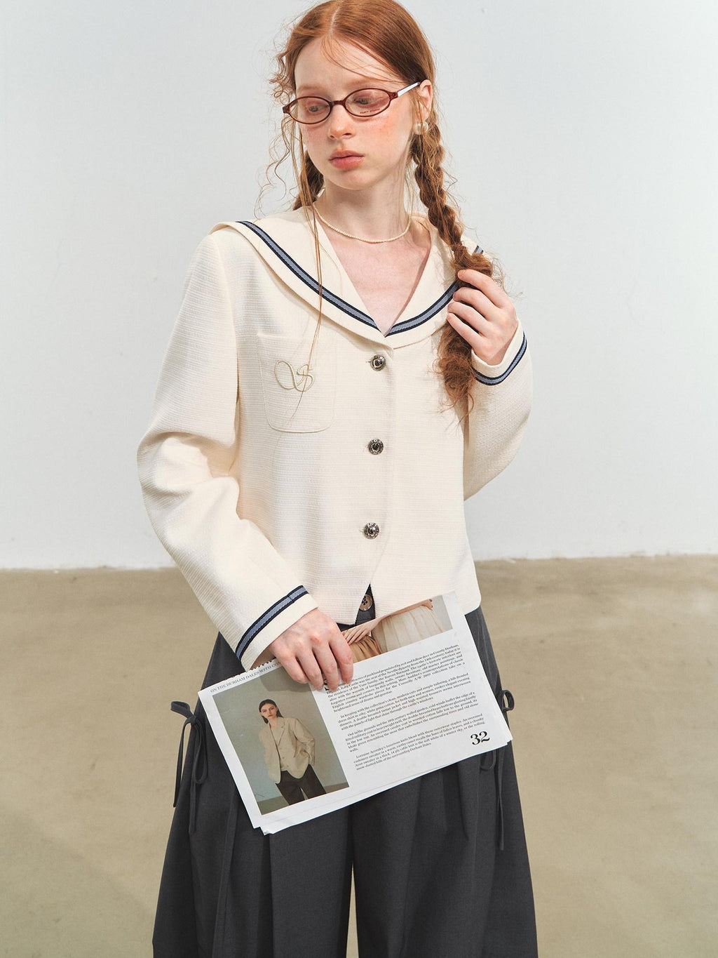 SOMESOWE Shape Retention Navy Inspired Tweed Relaxed Stand Collar Women White Short Coat