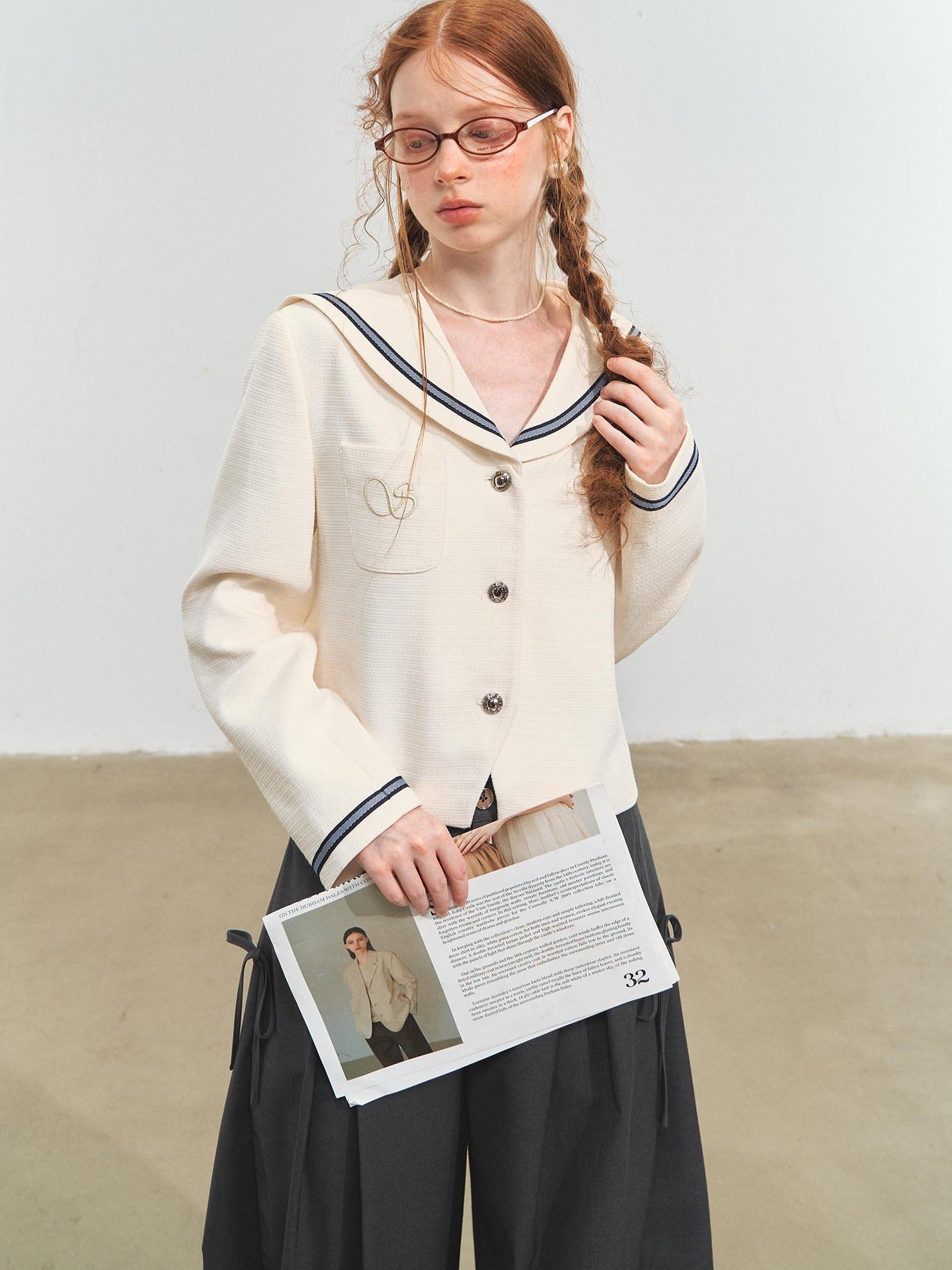 SOMESOWE Shape Retention Navy Inspired Tweed Relaxed Stand Collar Women White Short Coat