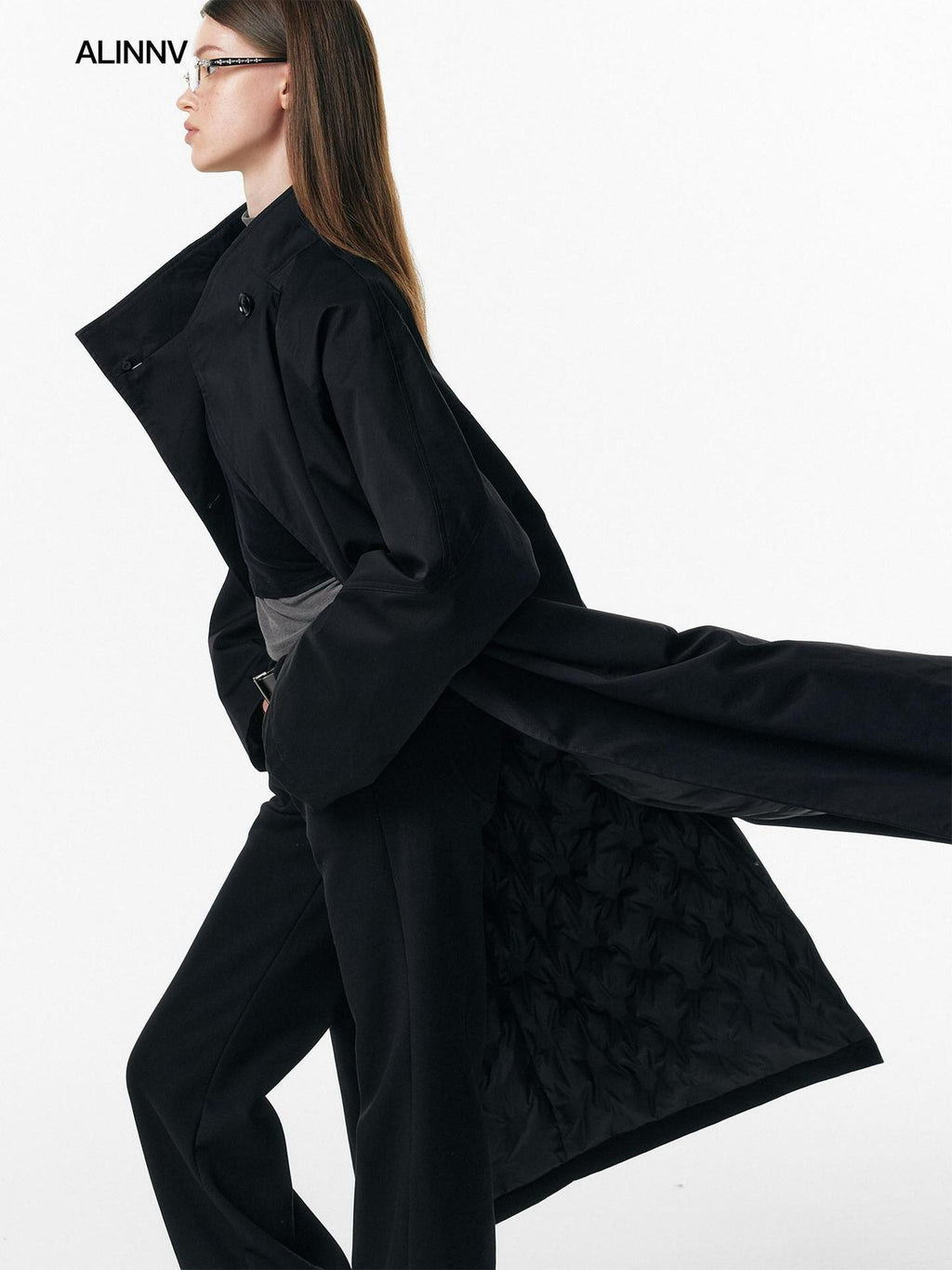 ALINNVSTUDIO 90% White Duck Down Long Stand Collar Single Breasted Women Black Down Jackets