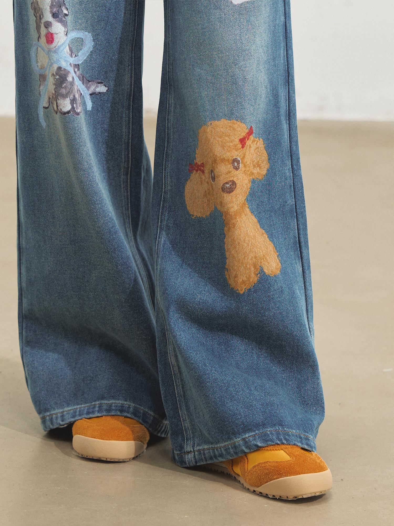 SOMESOWE Cartoon Blue Cotton Natural Waist Pocket Slight Stretch Women Wide Leg Jeans