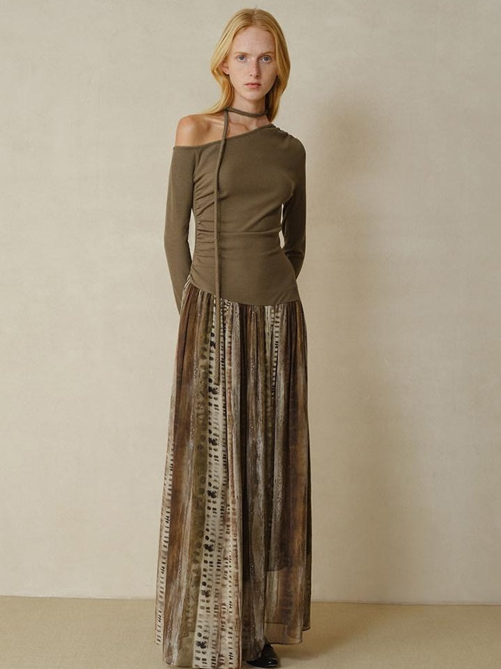 someonesometimes Chiffon Ruched Oil Painting Ombre One Shoulder V-neck A Line Girls Maxi Dresses