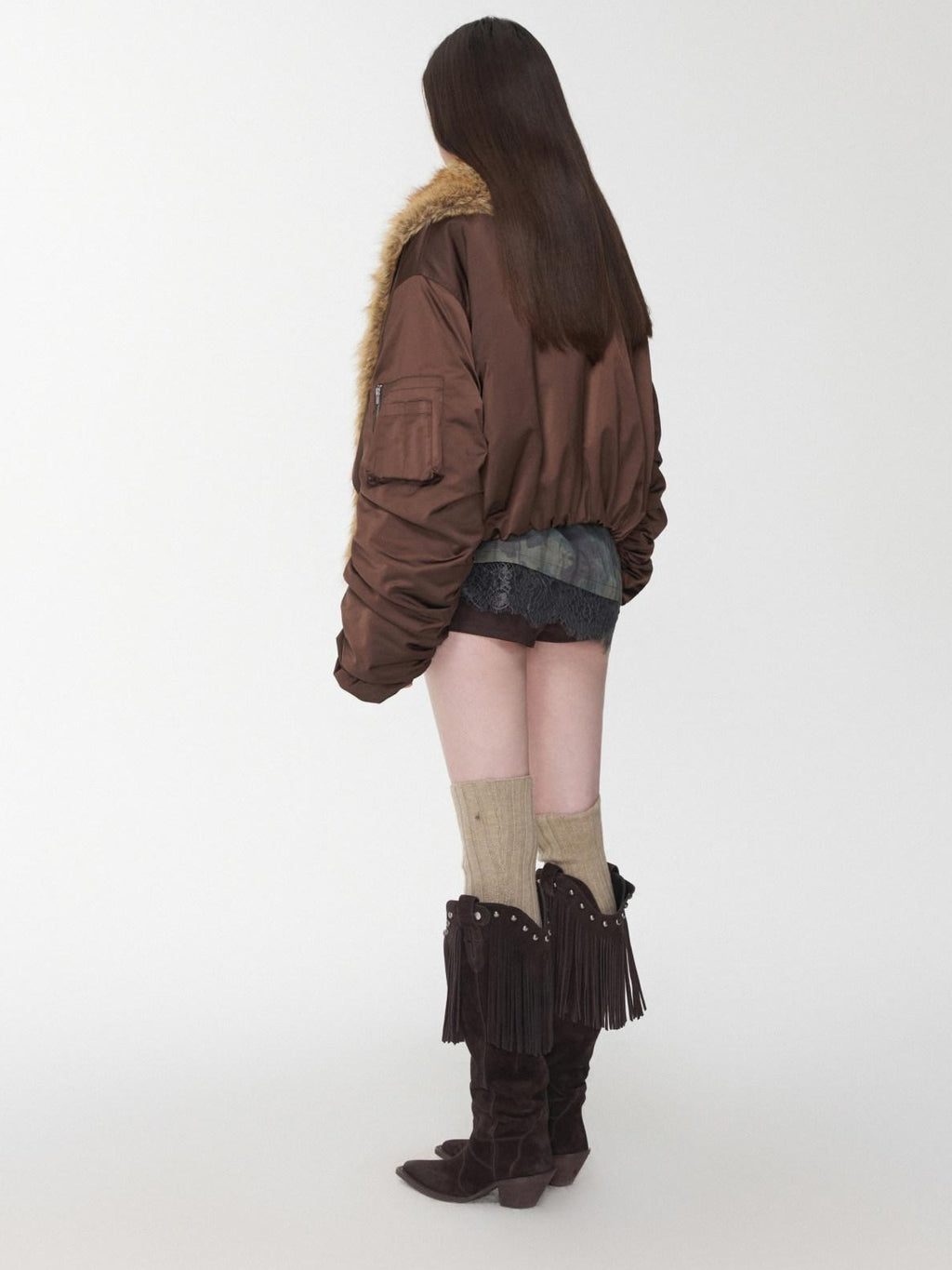 1JINN STUDIO Versatile Brown Utility Turn Down Collar Women Casual Outerwear Bomber Jackets