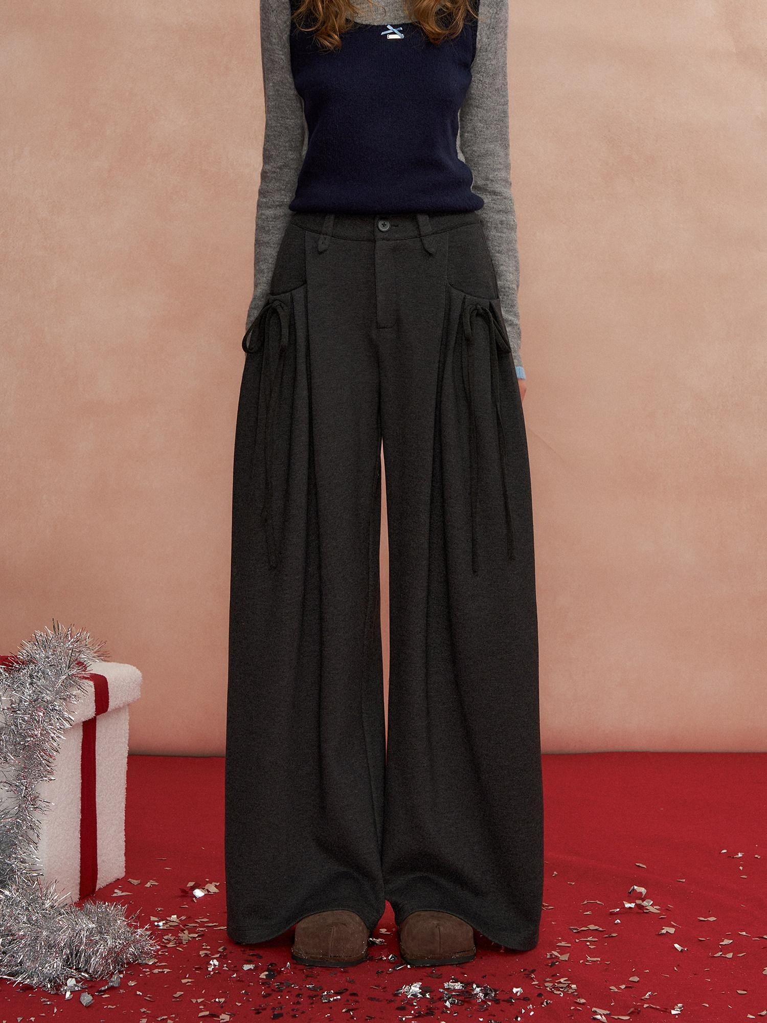 SOMESOWE Pleated Pockets Bow Print Natural Waist Casual Women Wide Leg Pants