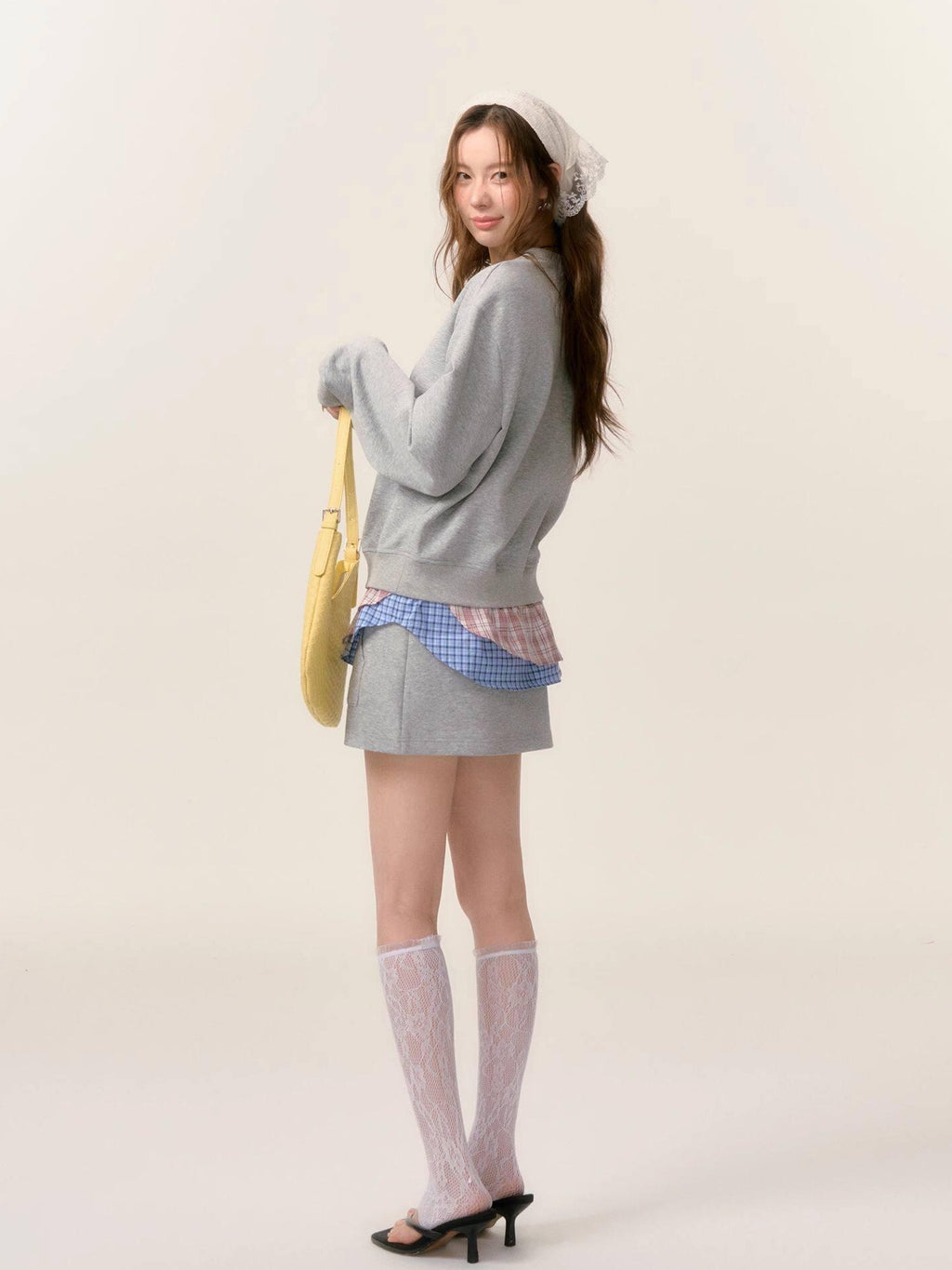 SOMESOWE Cotton Crew Long Sleeve Casual Mini Skirt Women Gray Navy Top & Skirt Sets