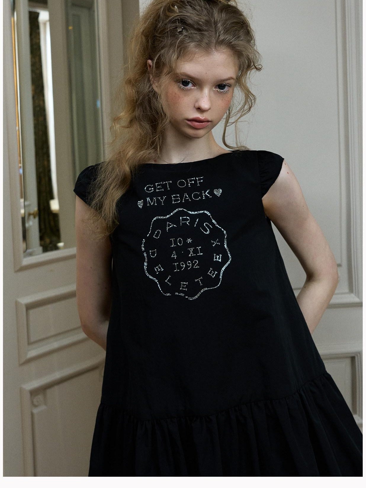 DeleteEx Sweet Flirty Flutter Sleeve Rhinestone Bubble Skirt Date Black Mini Dresses