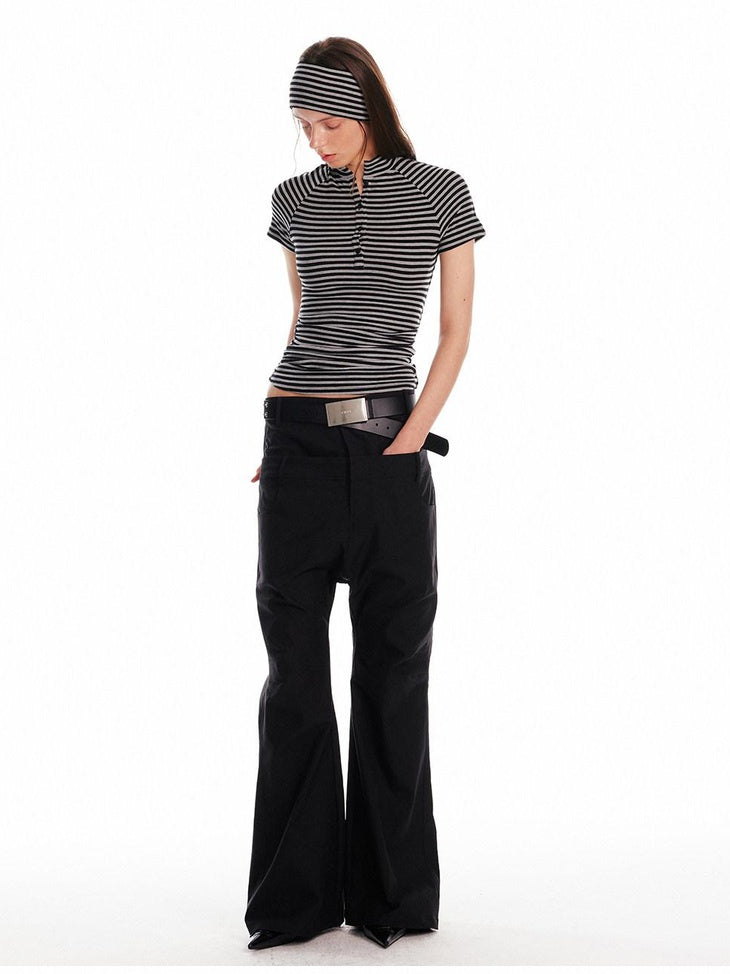ALINNVSTUDIO Creative Patchwork Slim Fit Cropped Crewneck Striped Gray Short Sleeve T-Shirts