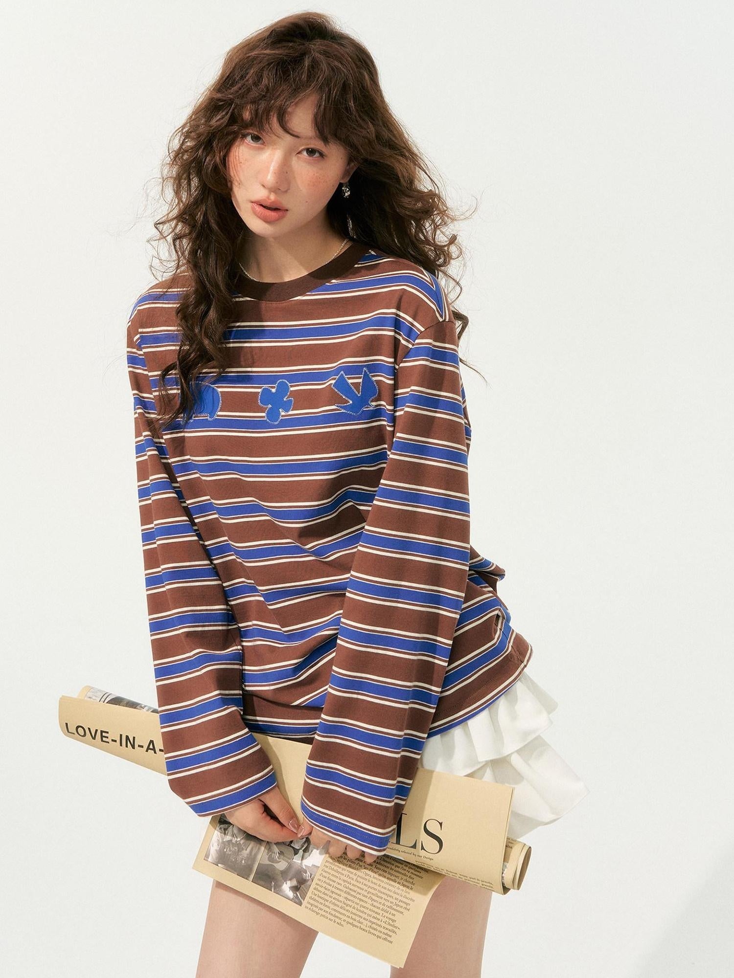SOMESOWE Creative Embroidered Print Loose Crewneck Women Striped Long Sleeve T-Shirts