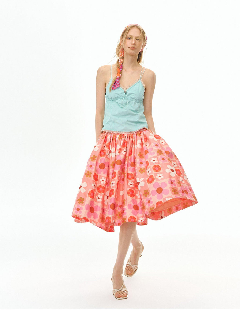DeleteEx Flattering High Waist A Line Orange Red Floral Polyester Women Midi Skirts