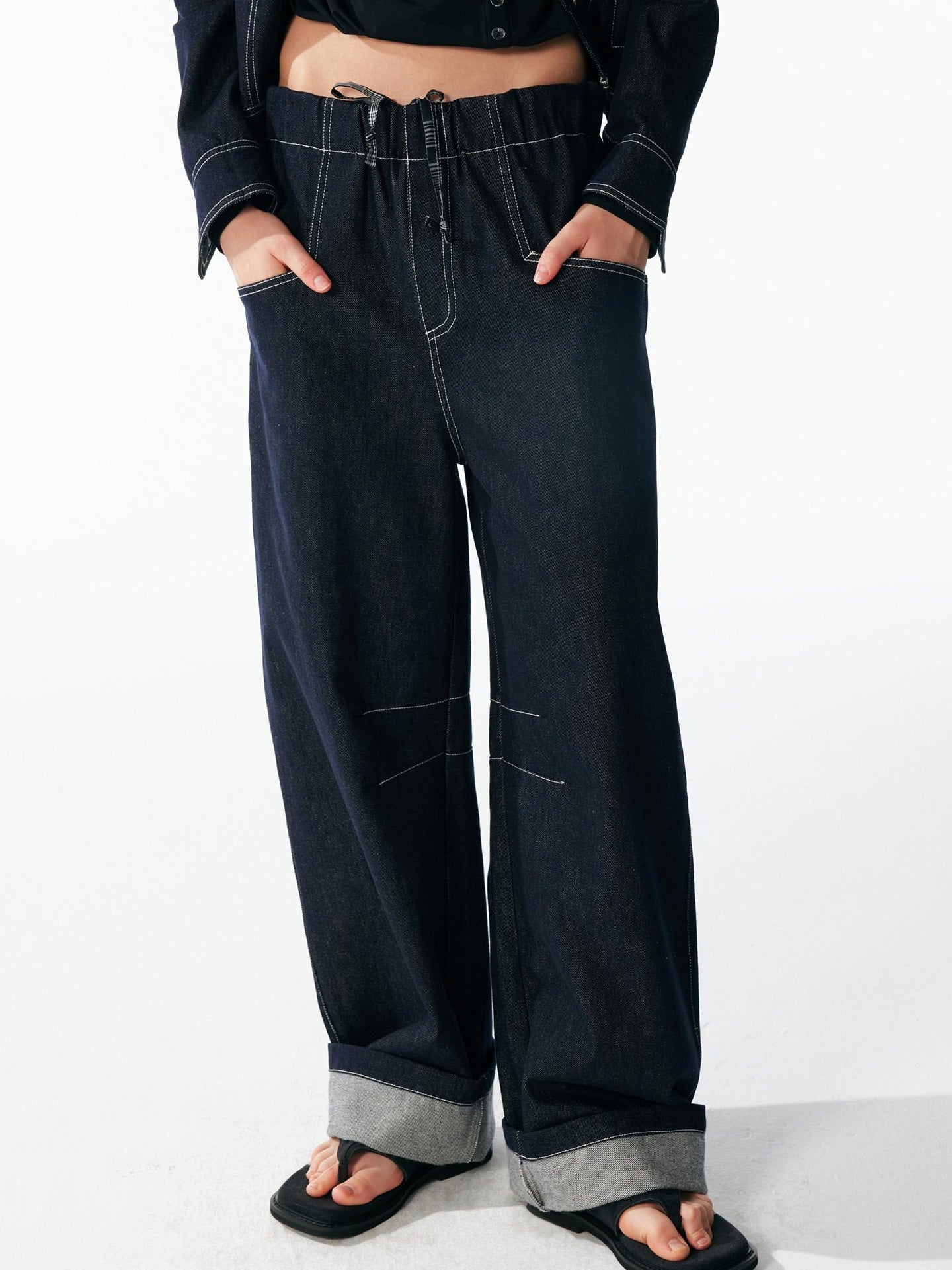 ALINNVSTUDIO Relaxed Fit Cotton Natural Waist Topstitch Deep Indigo Women Wide Leg Jeans
