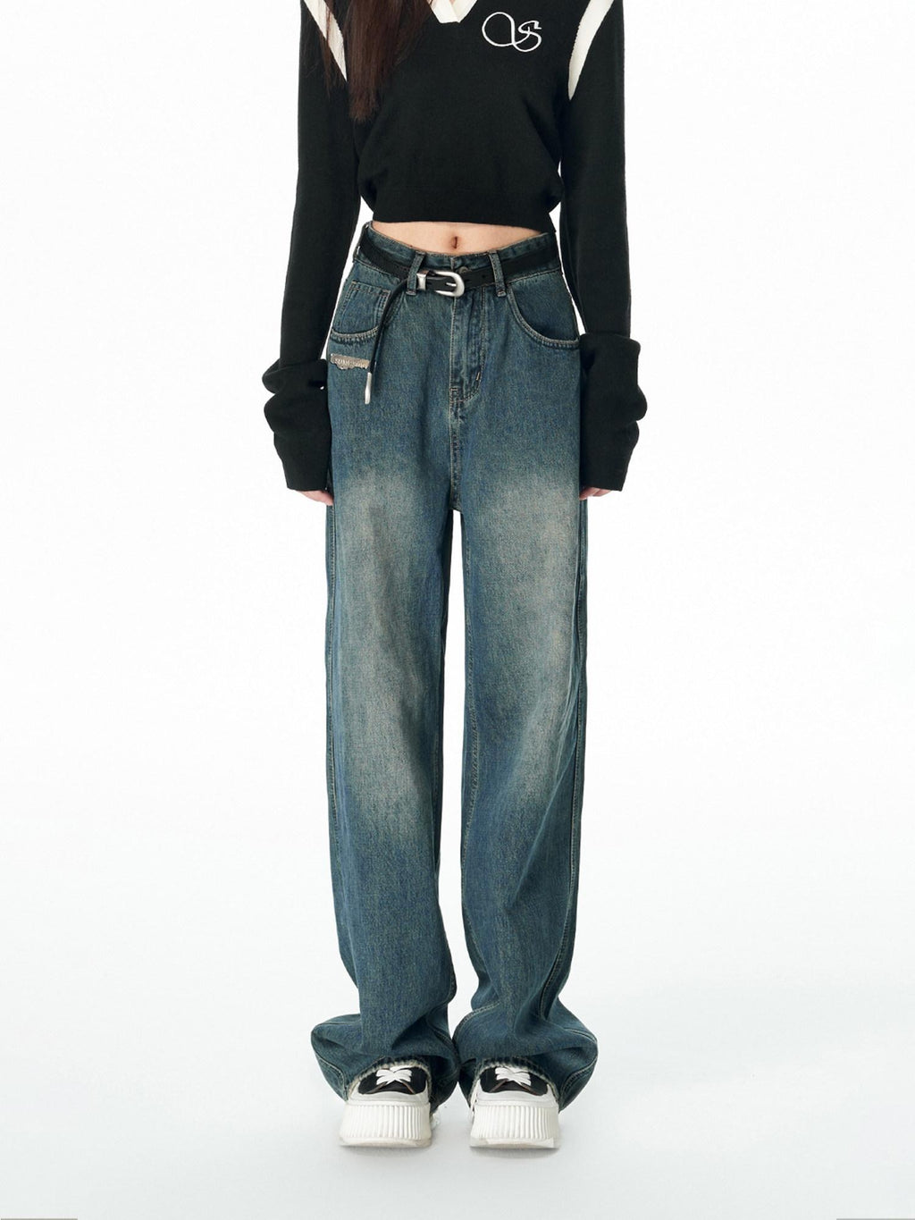 SOMESOWE Cotton Slight Stretch Unisex Loose Natural Waist Washed Blue Wide Leg Jeans