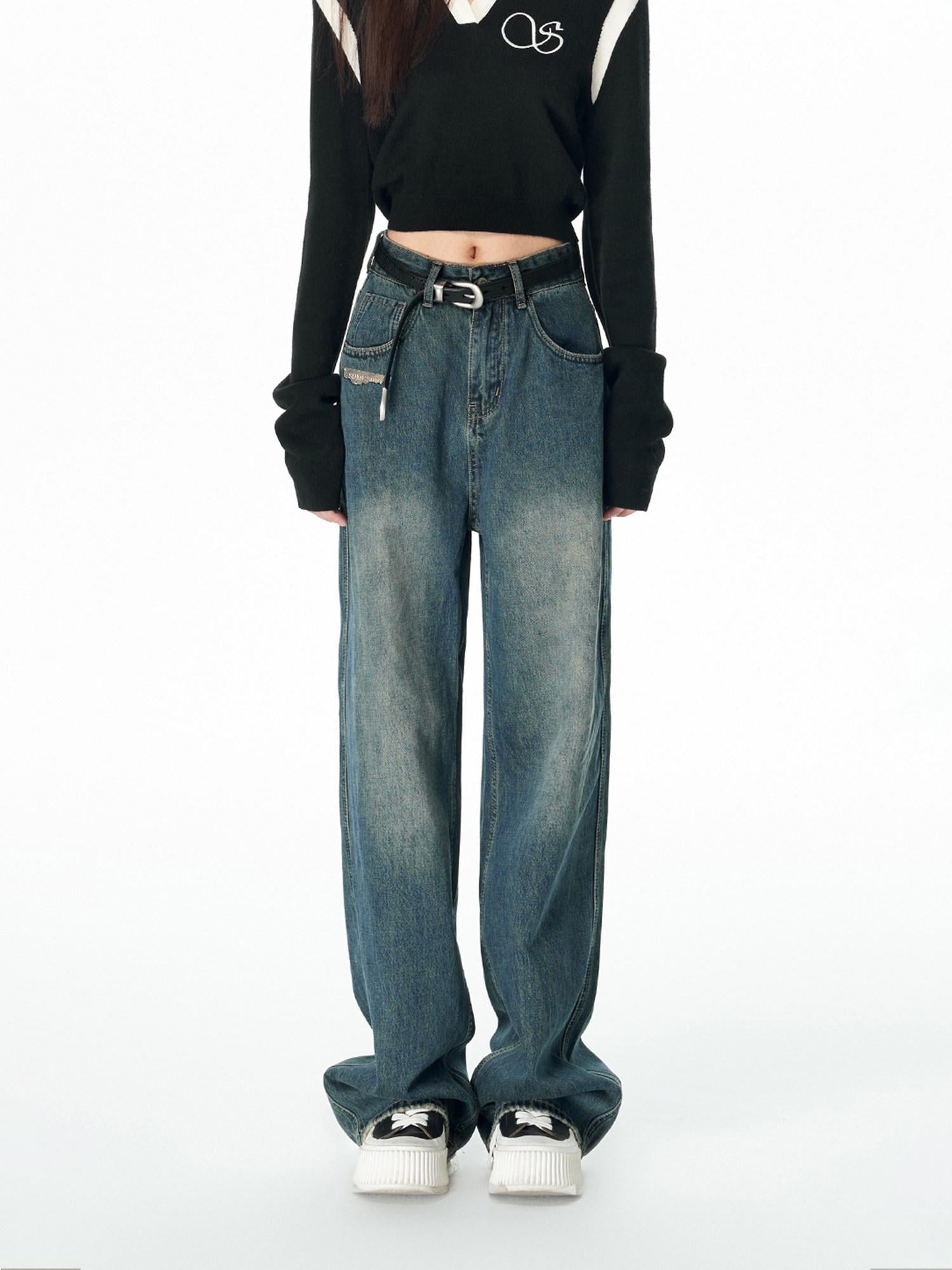 SOMESOWE Cotton Slight Stretch Unisex Loose Natural Waist Washed Blue Wide Leg Jeans