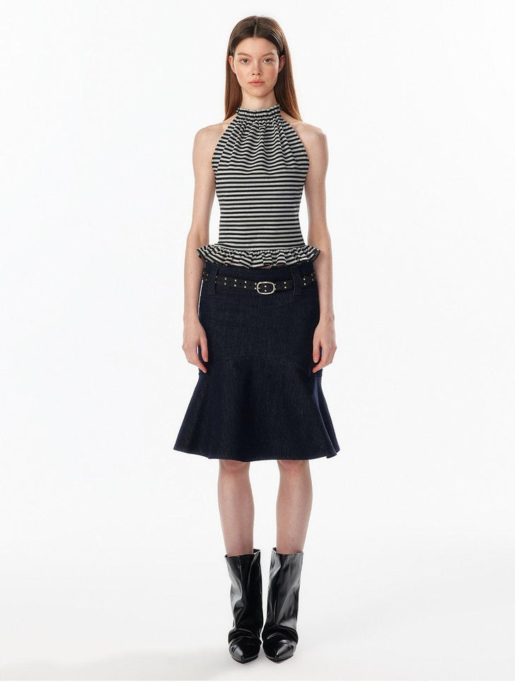 ALINNVSTUDIO Lined Wide Waistband Fishtail Mermaid Back Zipper Women Black Denim Midi Skirts