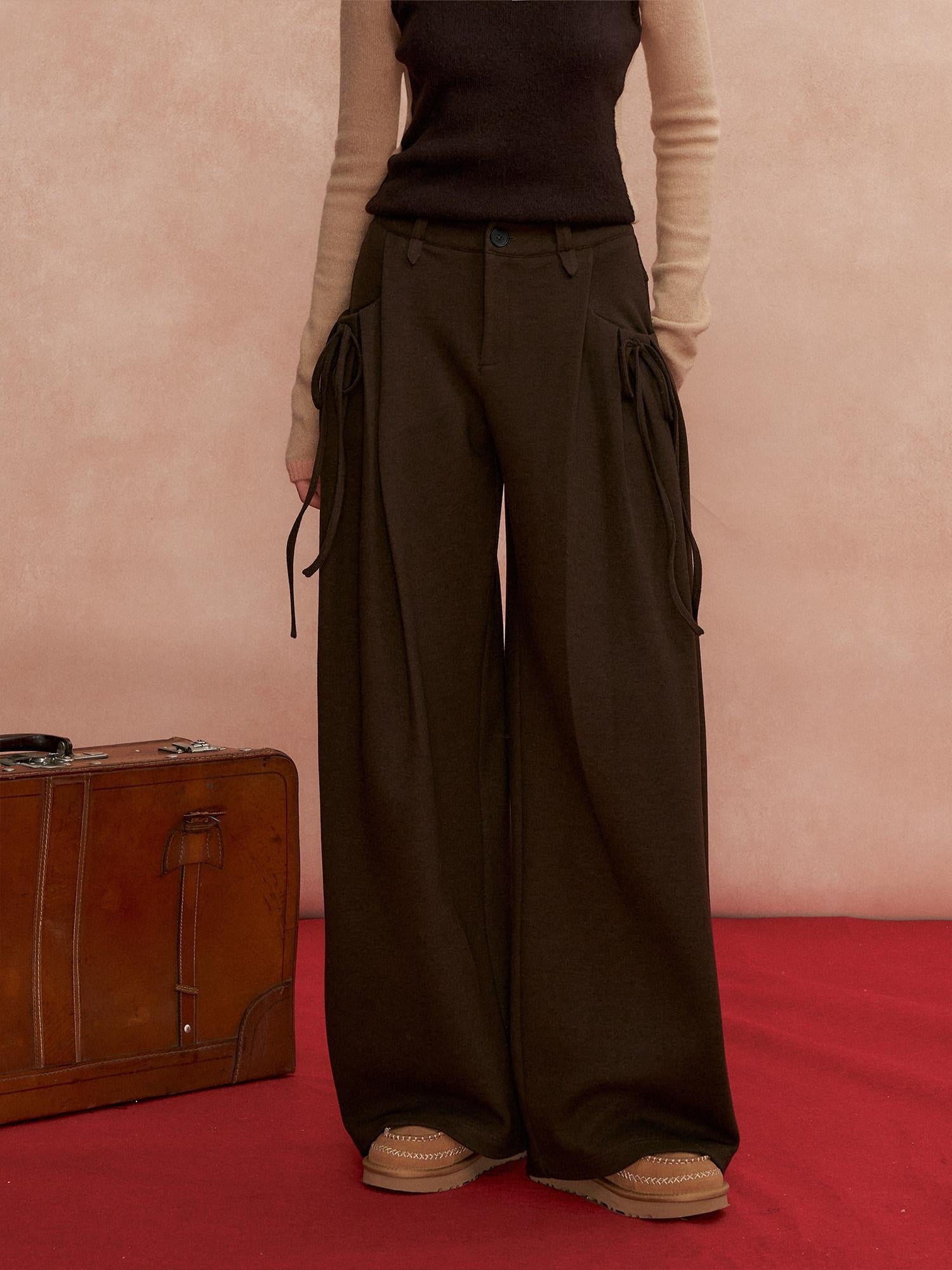 SOMESOWE Pleated Pockets Bow Print Natural Waist Casual Women Wide Leg Pants