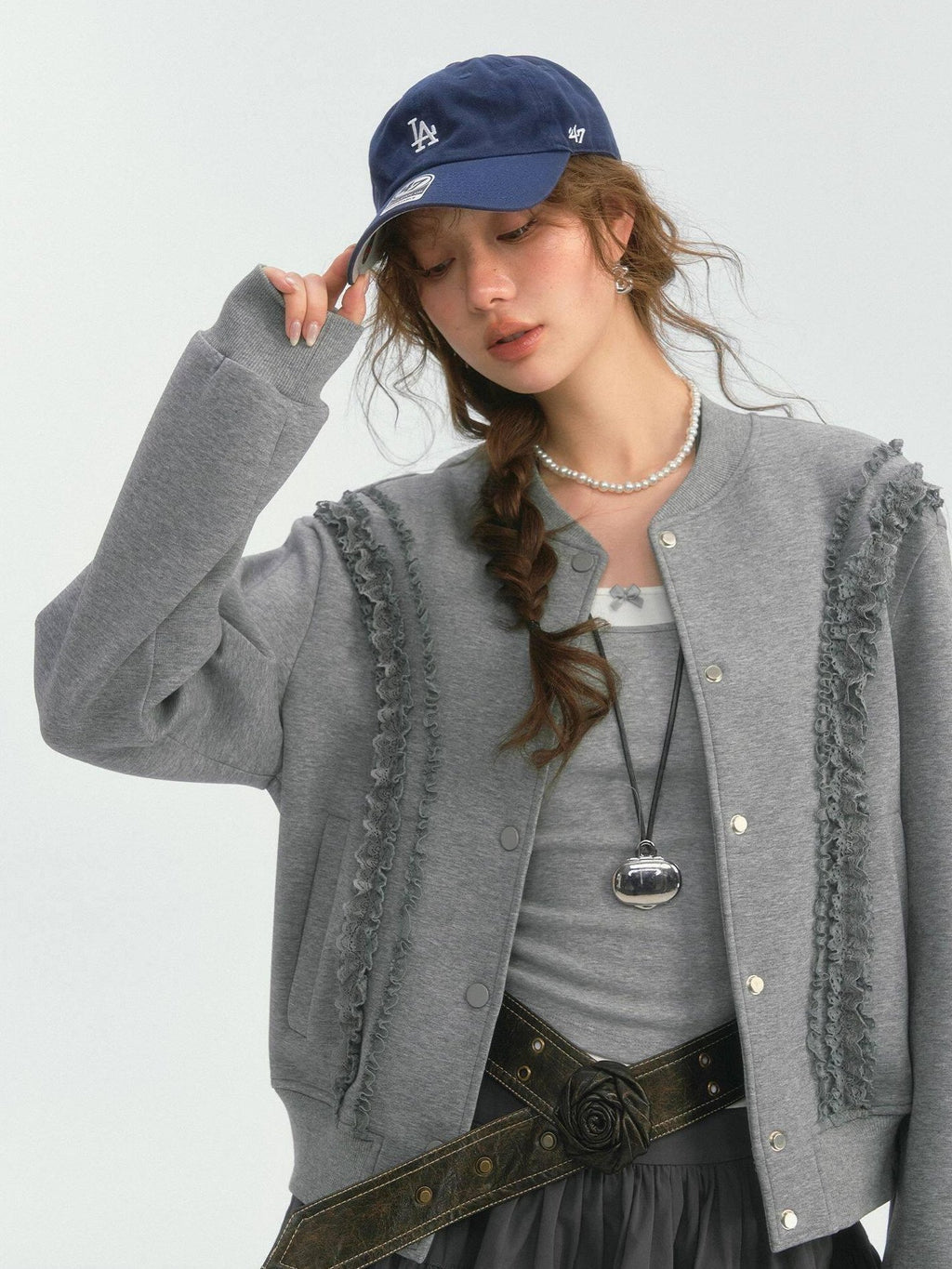 SOMESOWE Lace Trim Loose Fit Commuter Women Button Closure Navy Gray Bomber Jackets