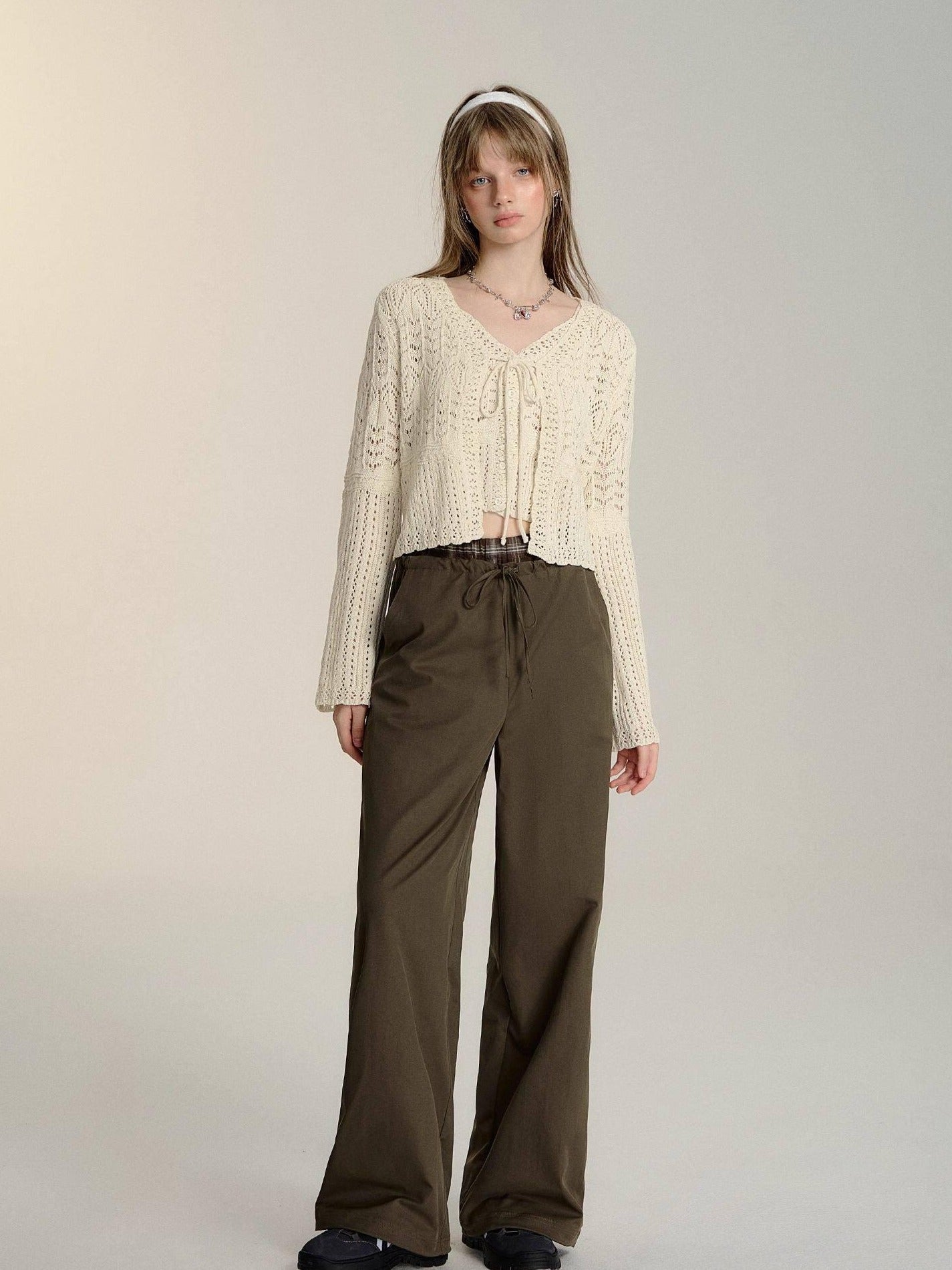 SOMESOWE Minimalist Double Waist Drawstring Natural Waist Office Women Wide Leg Pants