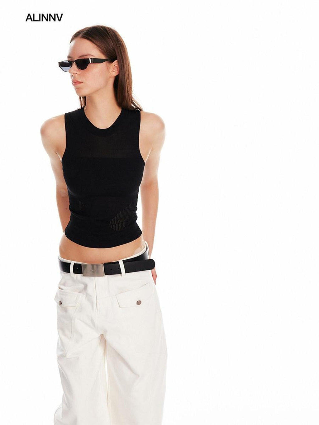 ALINNVSTUDIO Asymmetric Slim Commuter Office Solid Color Sleeveless Pink Black Tank Tops