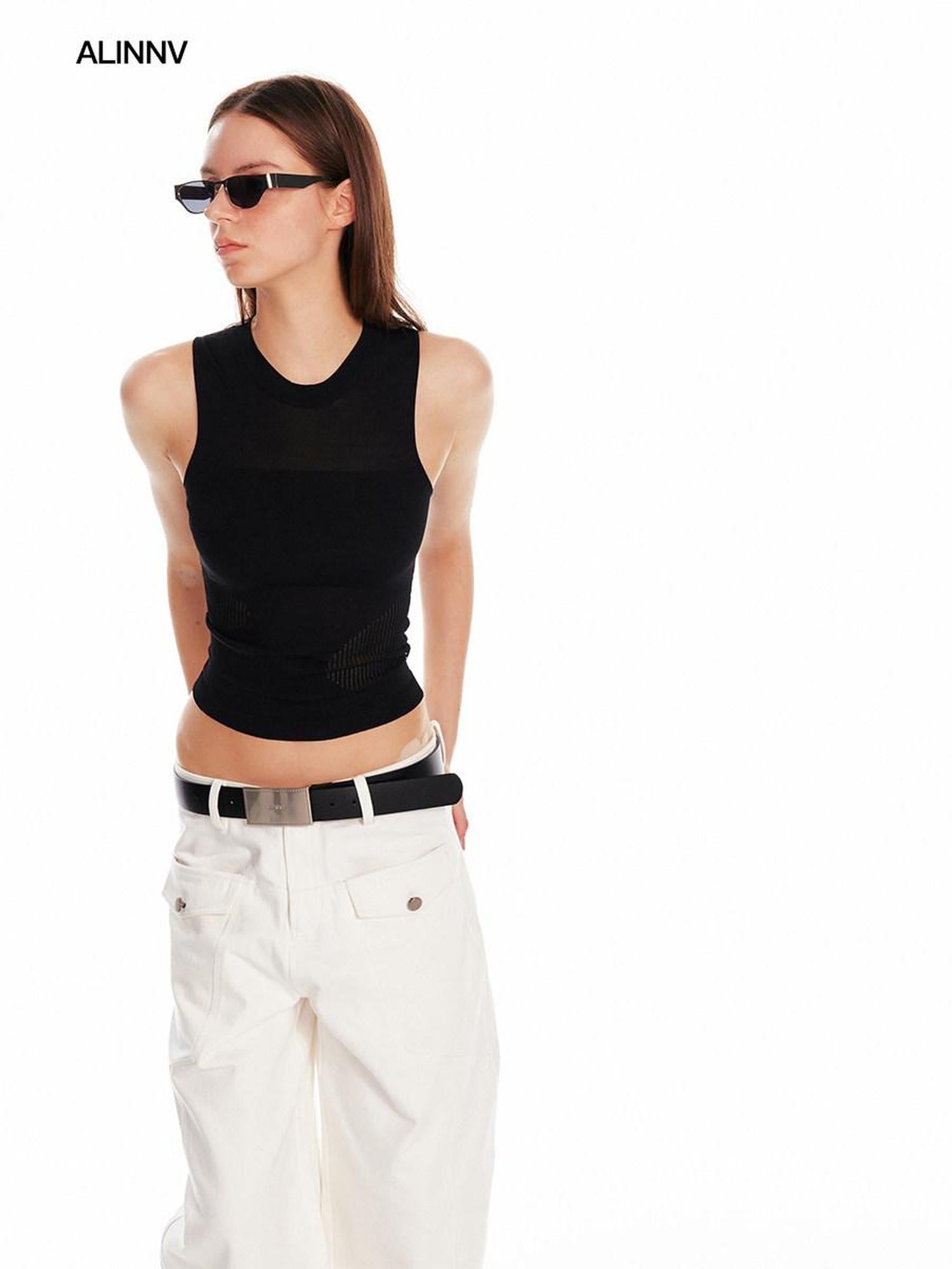 ALINNVSTUDIO Asymmetric Slim Commuter Office Solid Color Sleeveless Pink Black Tank Tops