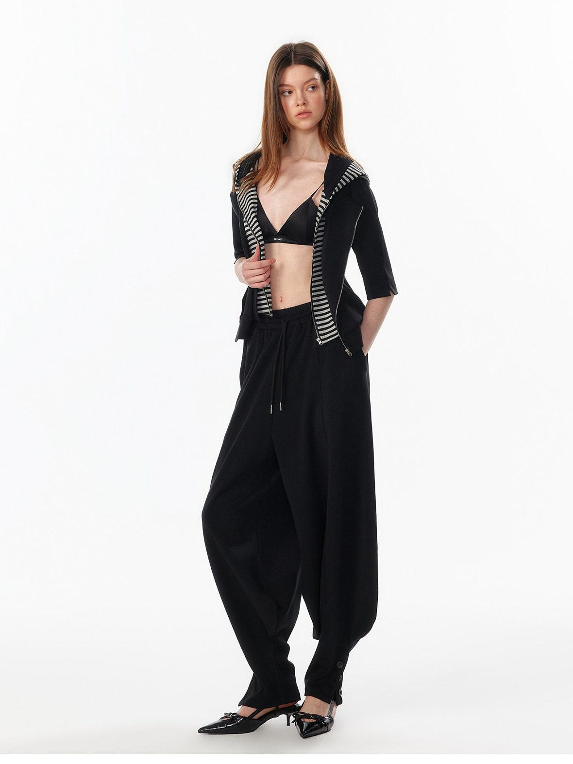 ALINNVSTUDIO Breathable Modal Loose Balloon Split Hem Natural Waist Women Black Sweatpants