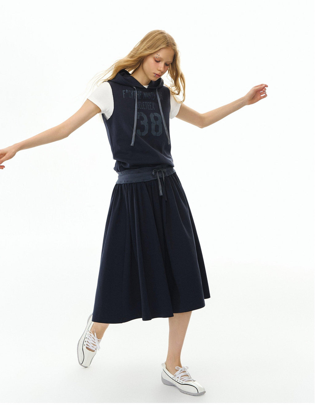 DeleteEx Soft Cotton Blend Elastic Waist Insta Sleeveless Printed Vest Navy Midi Dresses