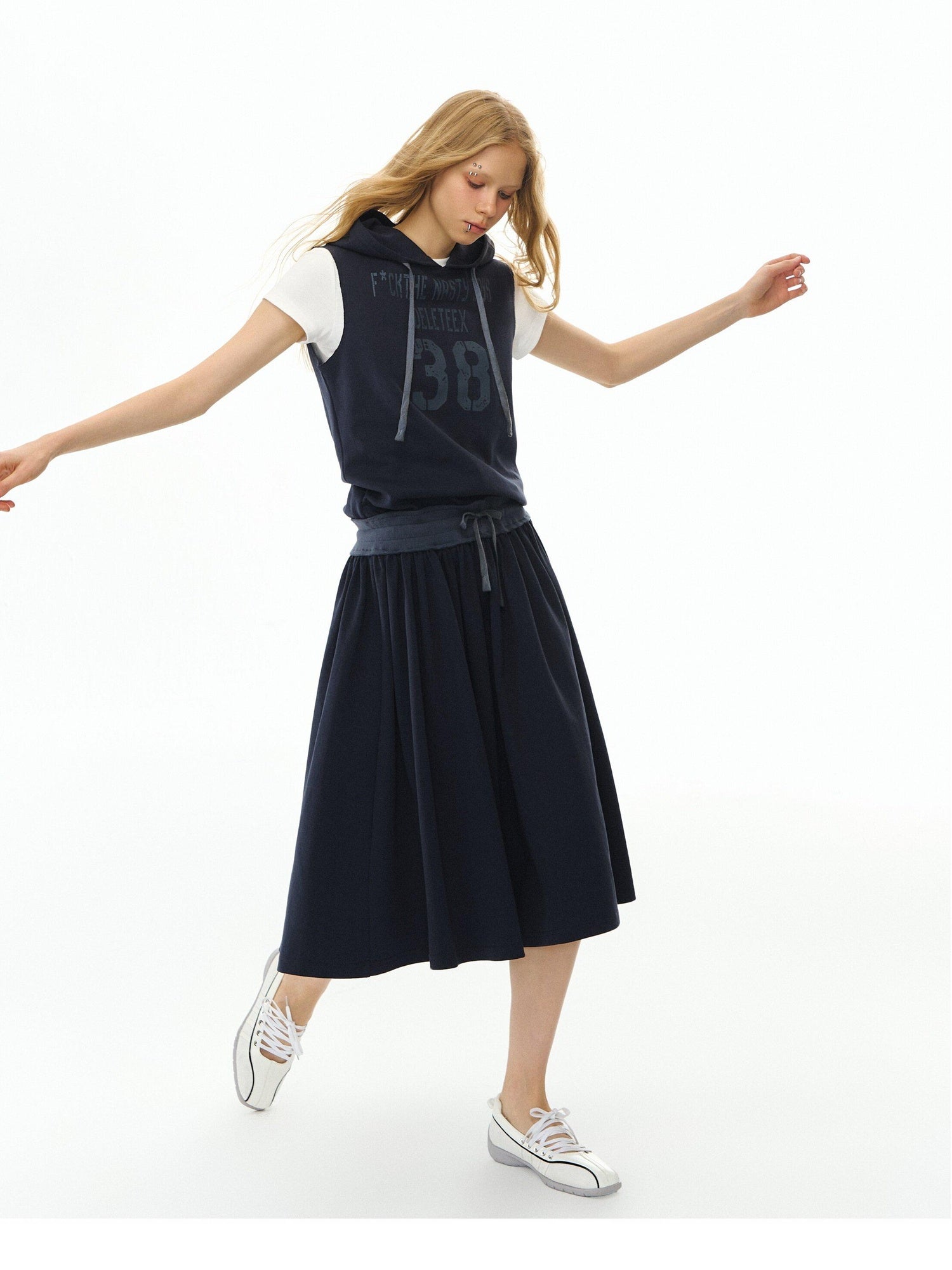 DeleteEx Soft Cotton Blend Elastic Waist Insta Sleeveless Printed Vest Navy Midi Dresses