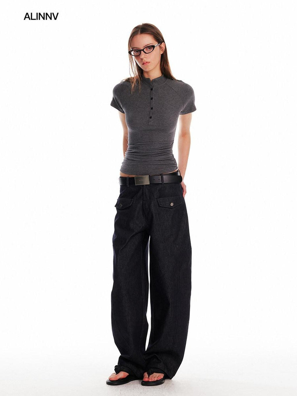 ALINNVSTUDIO Creative Patchwork Slim Fit Cropped Crewneck Striped Gray Short Sleeve T-Shirts