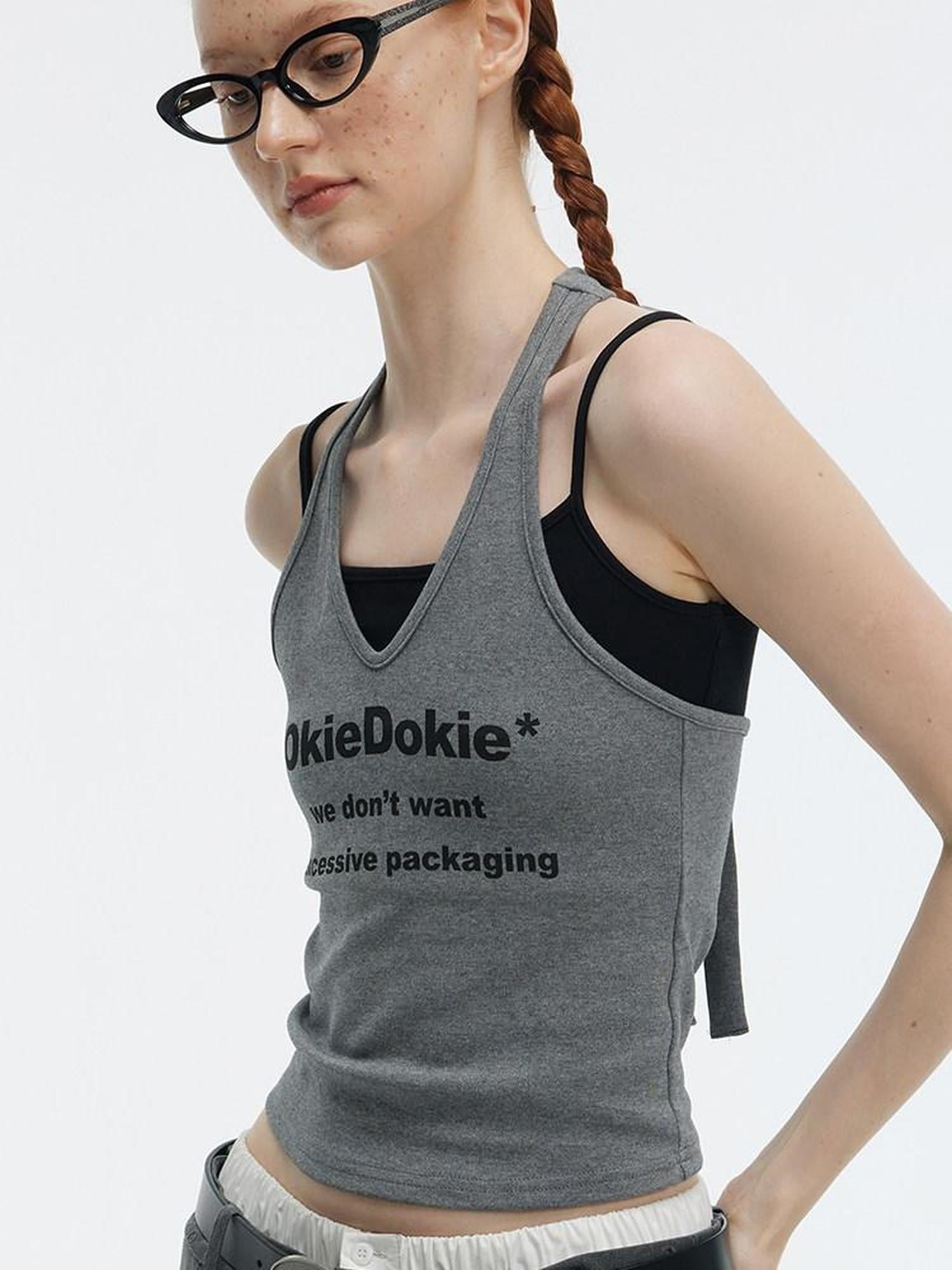 ALINNVSTUDIO Original Cropped Letter Print Spaghetti Strap Women White Grey Camisoles