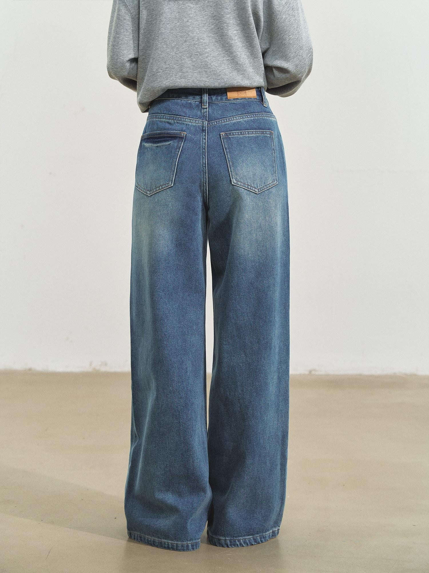 SOMESOWE Cartoon Blue Cotton Natural Waist Pocket Slight Stretch Women Wide Leg Jeans
