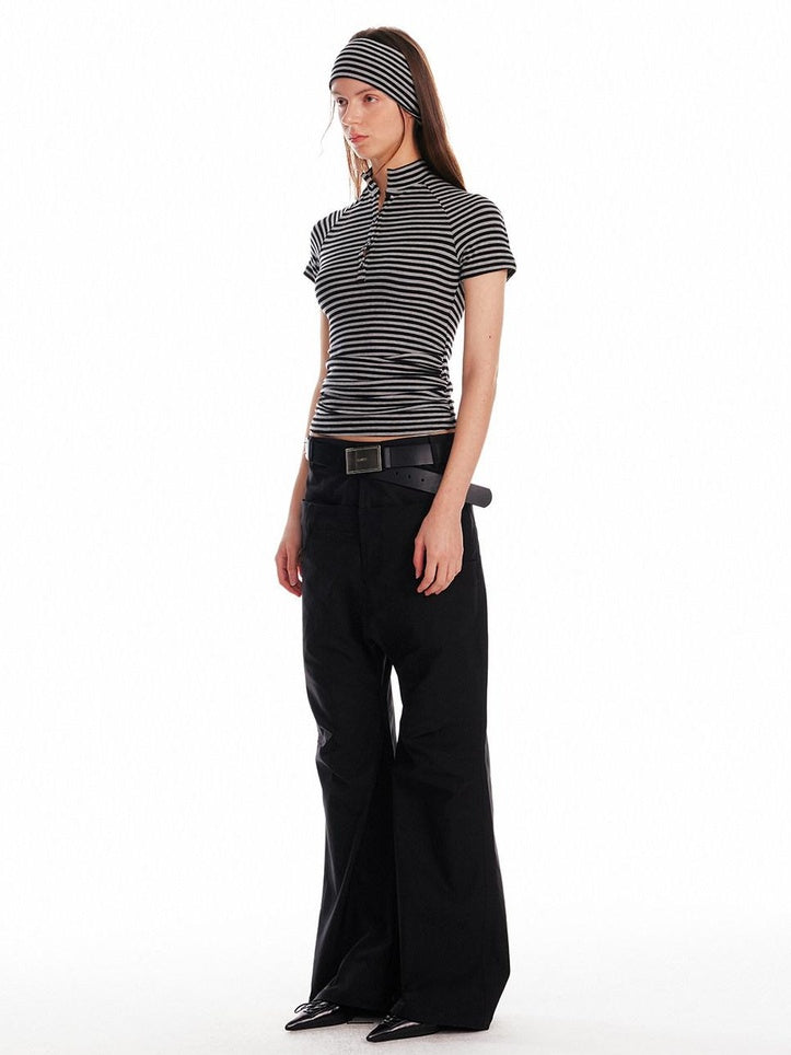 ALINNVSTUDIO Creative Patchwork Slim Fit Cropped Crewneck Striped Gray Short Sleeve T-Shirts