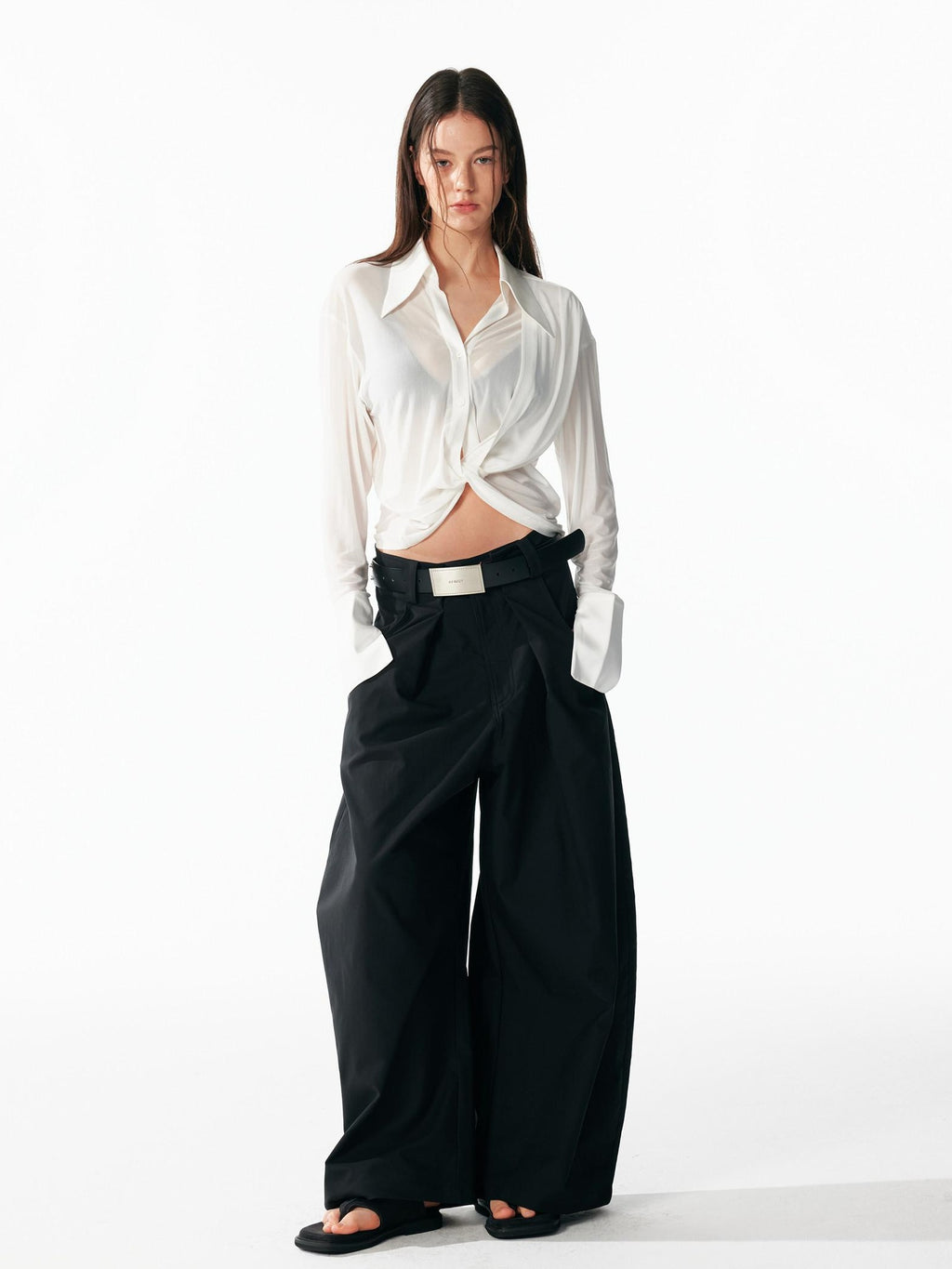 ALINNVSTUDIO Cooling Lightweight Breathable Asymmetric V-neck Slim Fit Open Front Women Blouses