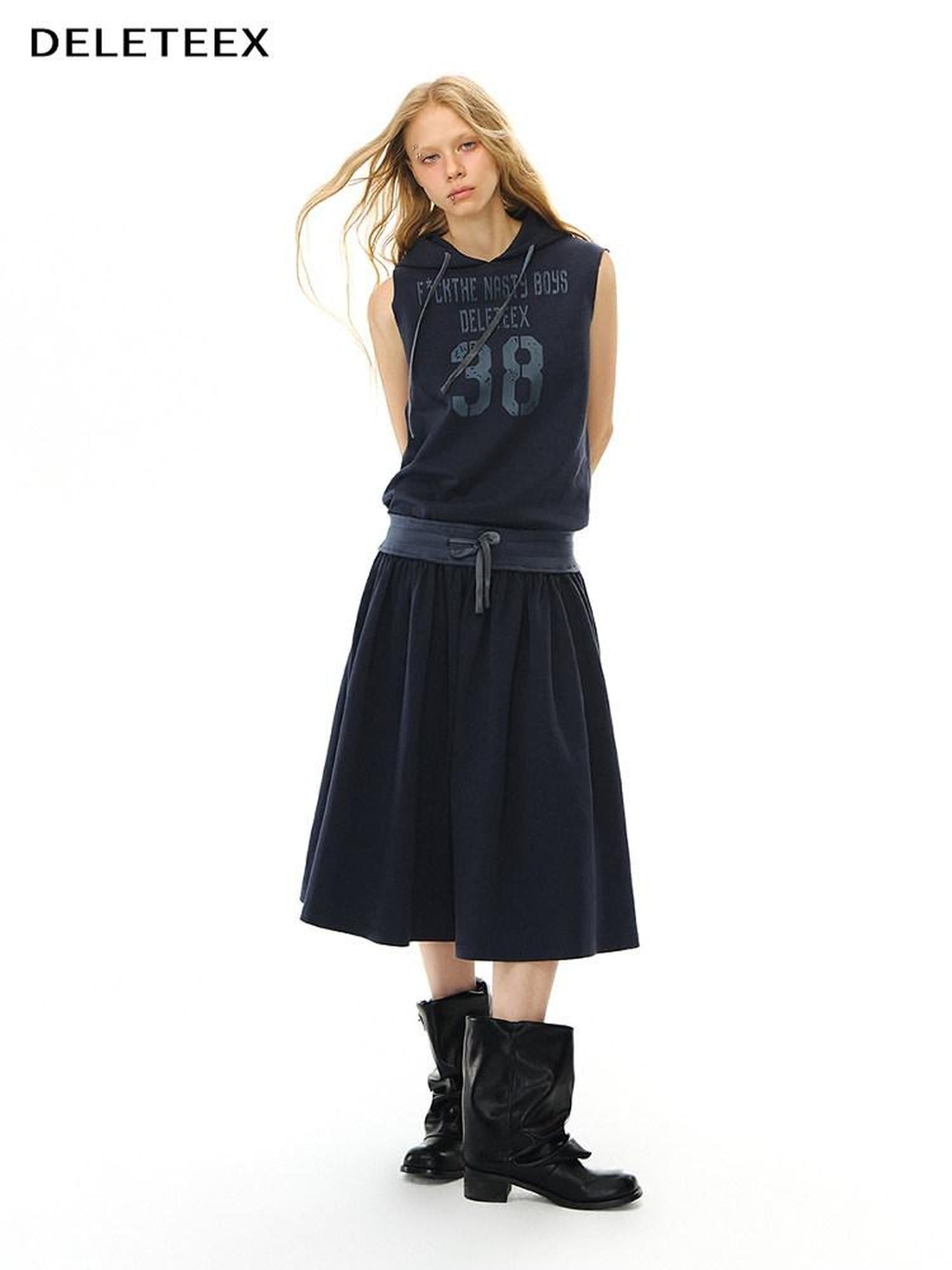 DeleteEx Soft Cotton Blend Elastic Waist Insta Sleeveless Printed Vest Navy Midi Dresses