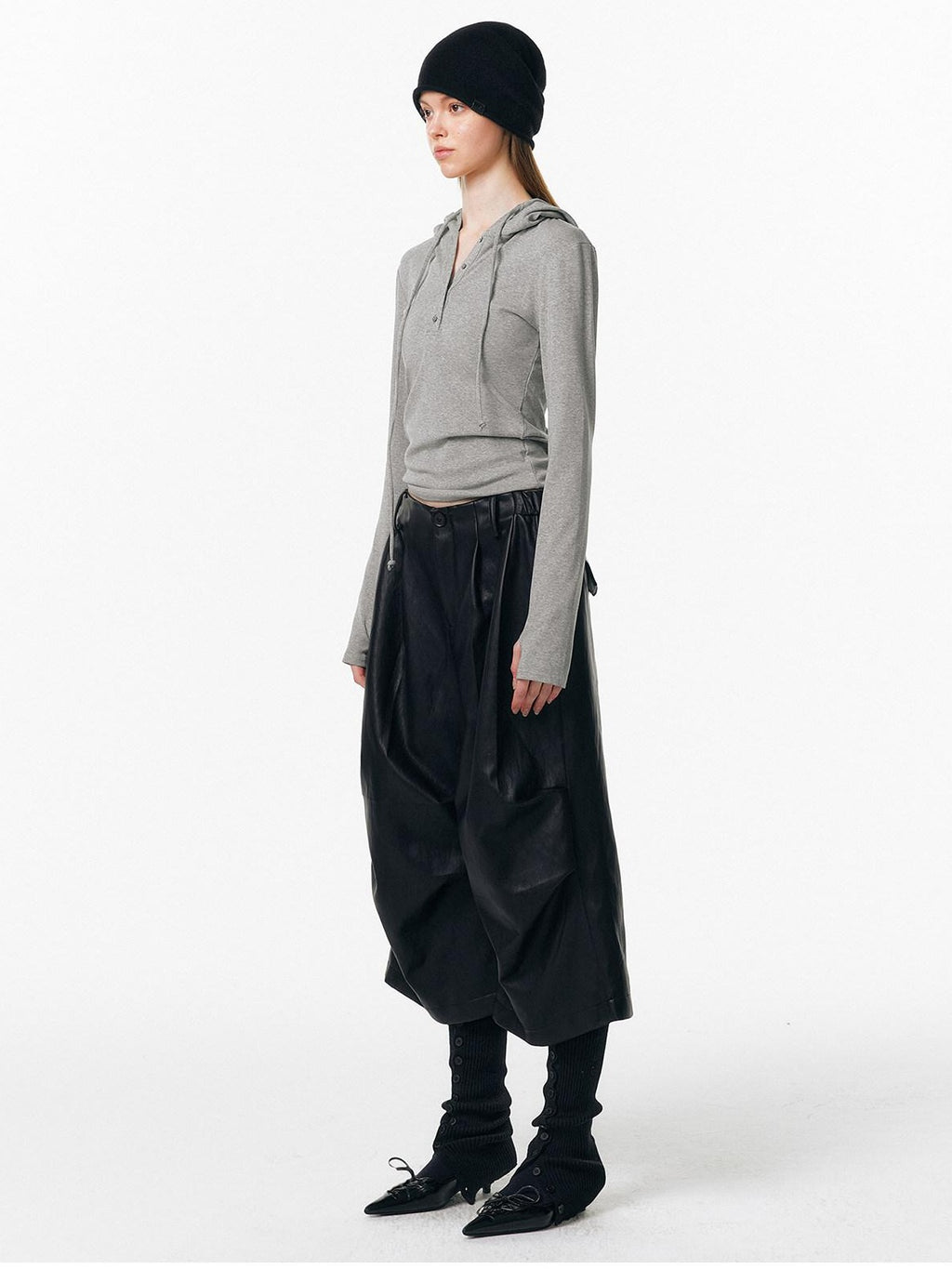 ALINNVSTUDIO Pu Pleated Low Waist Button Fly Irregular Fold Casual Women Black Wide Leg Pants