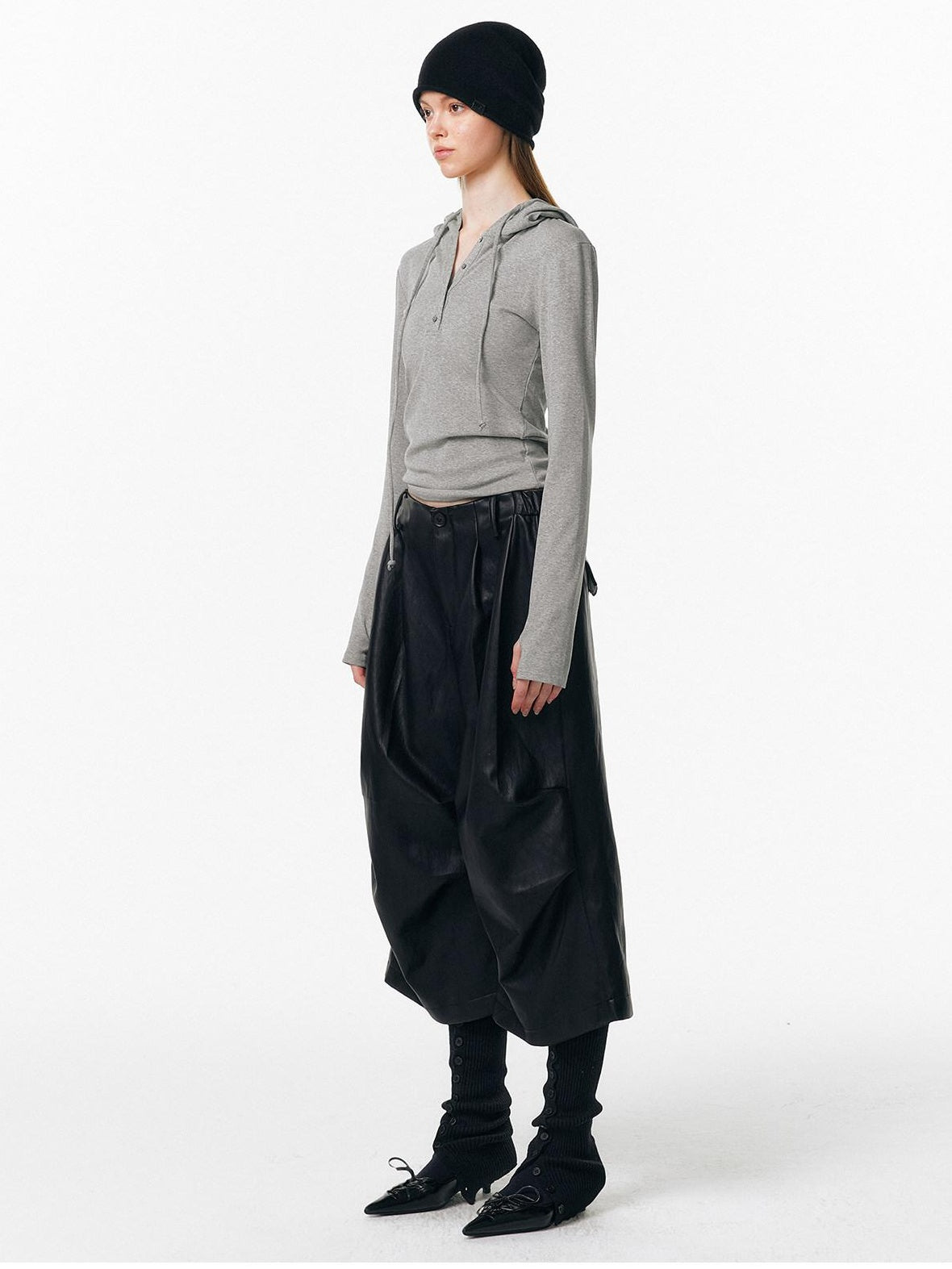 ALINNVSTUDIO Pu Pleated Low Waist Button Fly Irregular Fold Casual Women Black Wide Leg Pants